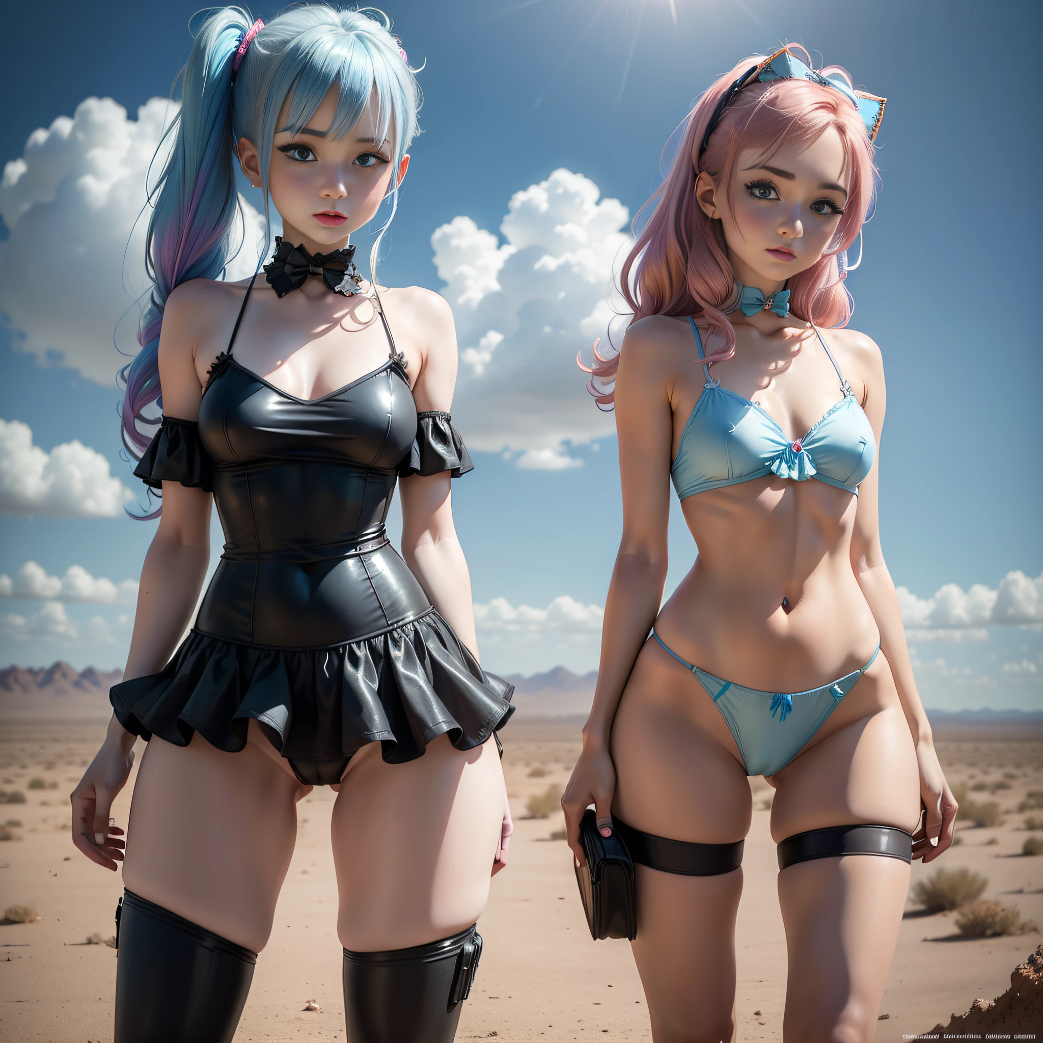1 girl, solo, (nsfw), cute redhead 18-year-old girl in twin tails, ((perfect female body)) multiple (rainbow colored hair: 1.2), (beautiful detailed blue eyes: 1.6), (photo realistic eyes: 1.6), happy, Ukrainian, (petite body), ((small hips)), pale skin, wearing a ((sheer)) ((see through)) pastel blue (playboy bunny) outfit, frilly edges, frilly, shiny oily pantyhose, post apocalyptic background, bleak barren desert, photo realistic.