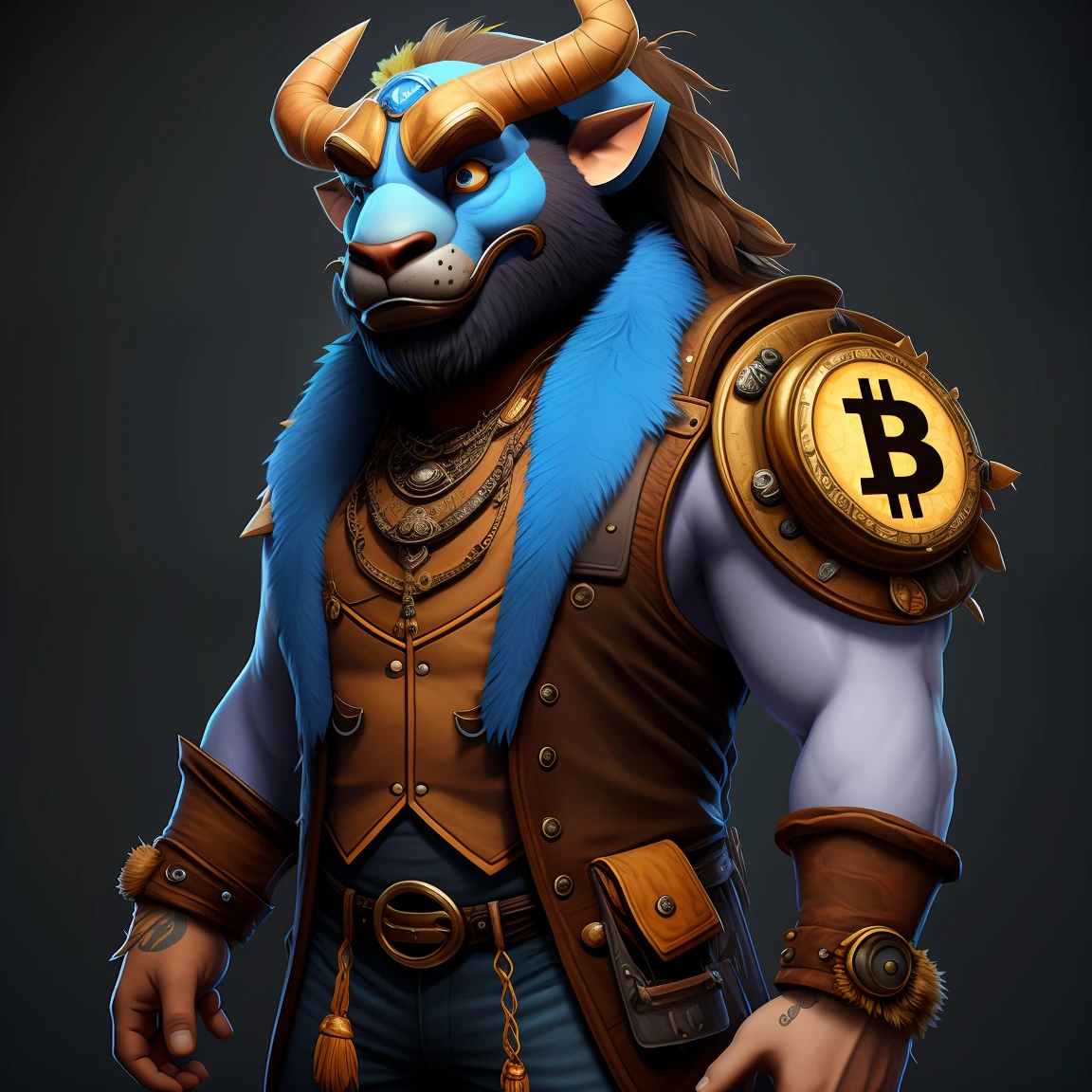 Alistar buffalo character league of legends wearing a vest hugging bitcoin light background,(creature:0.5)|(tiger:0.5) design, ultra detailed, random colors, steampunk, and punk costume, 8k