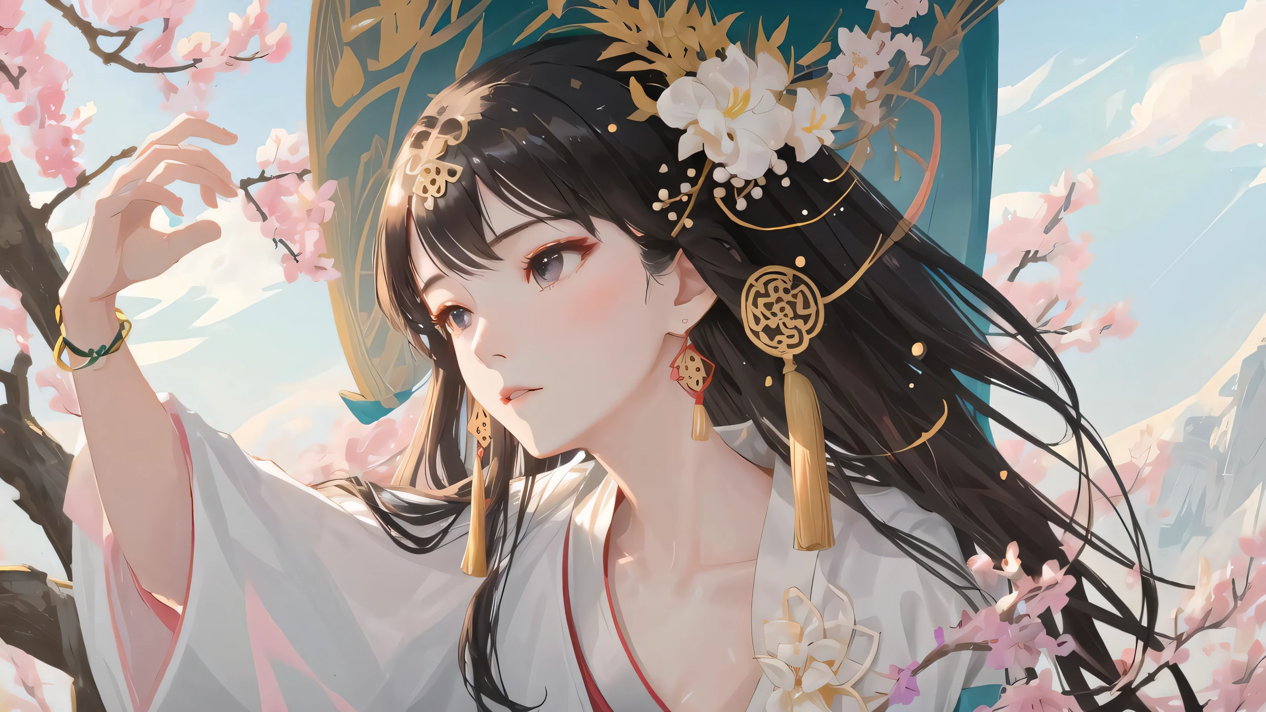 hanfu,oval face,seductive eyes,small mouth,long hair,
jewelry,bracelet,earrings,
pale color,translucency,low saturation,
facing away,sidelight,gazing into the distance,distant perspective,
breasts,bare,nsfw,sexy,ru_qun,
(wind breezing),summer,sweat,waves,splashes,reflection,river,forest,