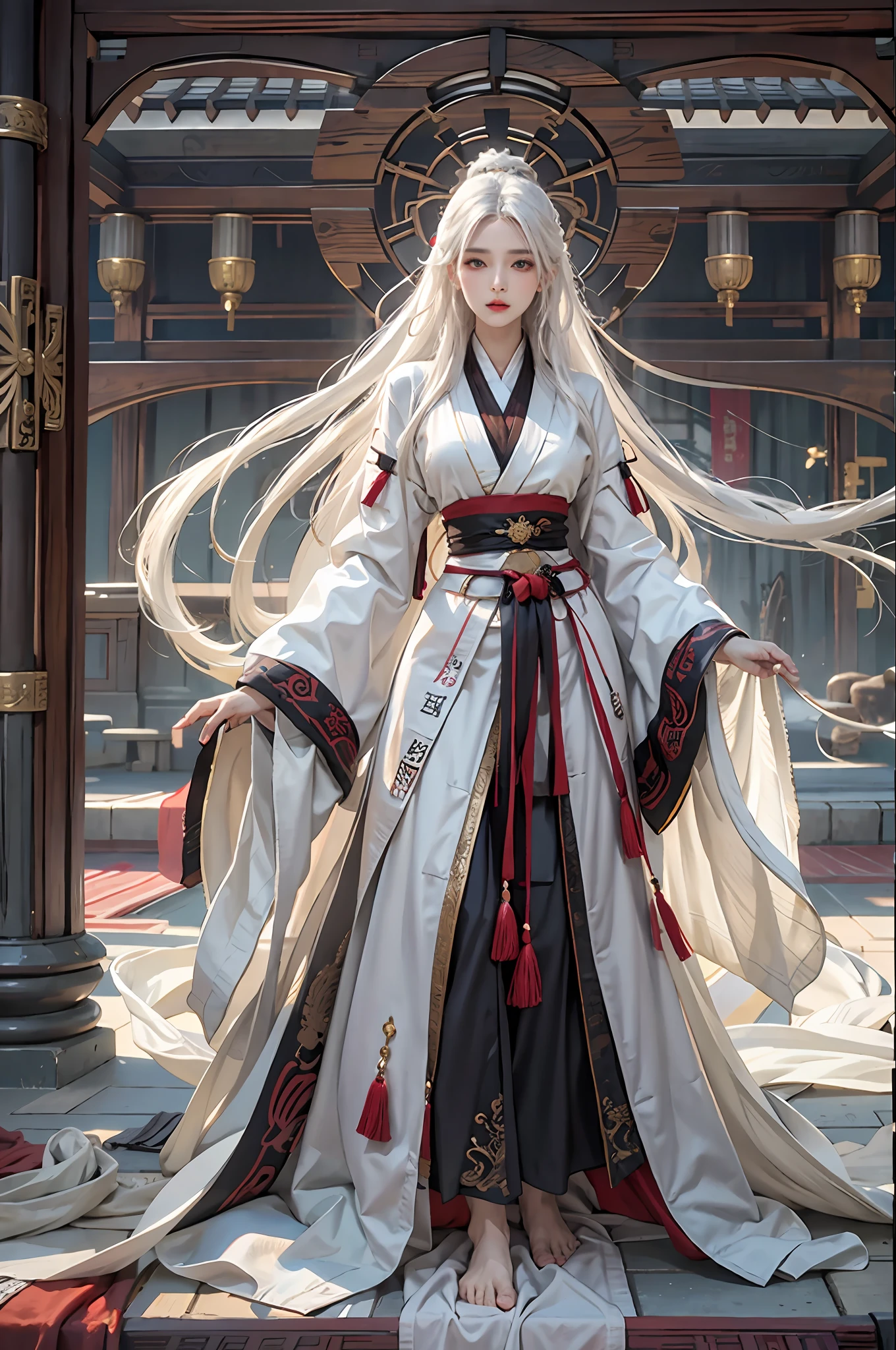 photorealistic, high resolution, 1women, solo, hips up, look at viewer, (detailed face), white hair, long hair, Taoist robe,oversized clothes