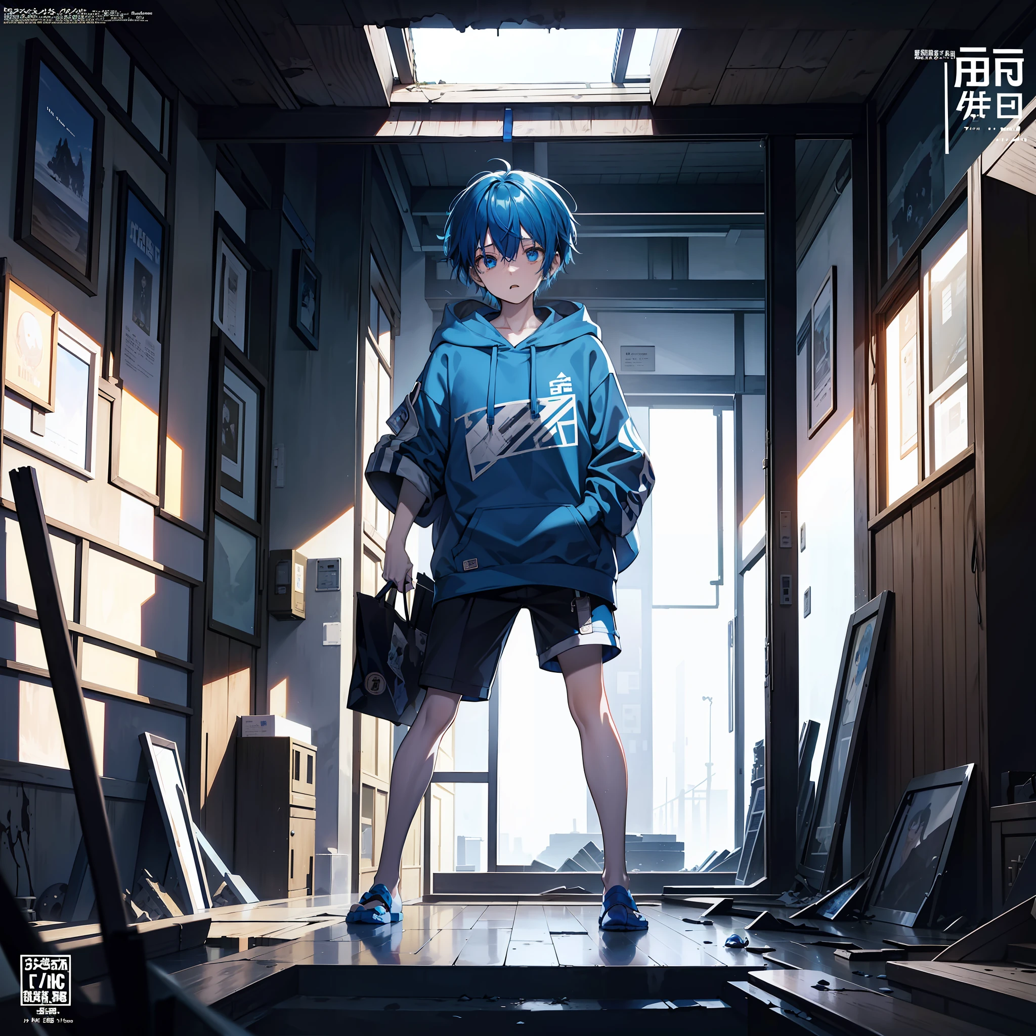masterpiece, best quality, full body, (1boy), (blue hoodie), (Boy Messy Japanese Round Haircut for Thick Hair), (blue hair), (solo), (magazine:1.3), (cover-style:1.3), scared, (terrified:1.1) expression, atmospheric lighting, moody, darkness, in an old abandoned museum, transparent glass display cases filled with interesting objects, dusty, post-apocalypse, cobwebs, superb, beautiful 8k wallpaper, extremely detailed, intricate