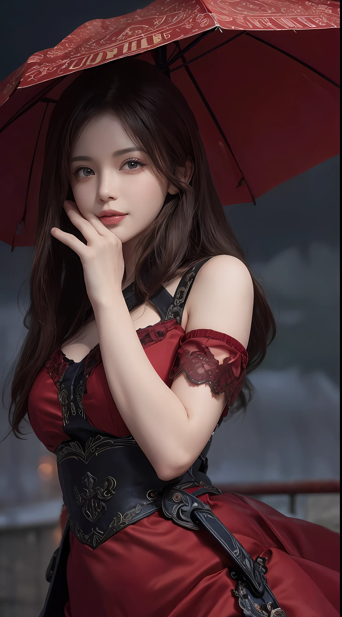 8K ultra hd, masterpiece, a girl, beautiful face, detailed eyes, detailed lip, new dress, red dress, rim lighting, rain background, reflection, whole body capture,