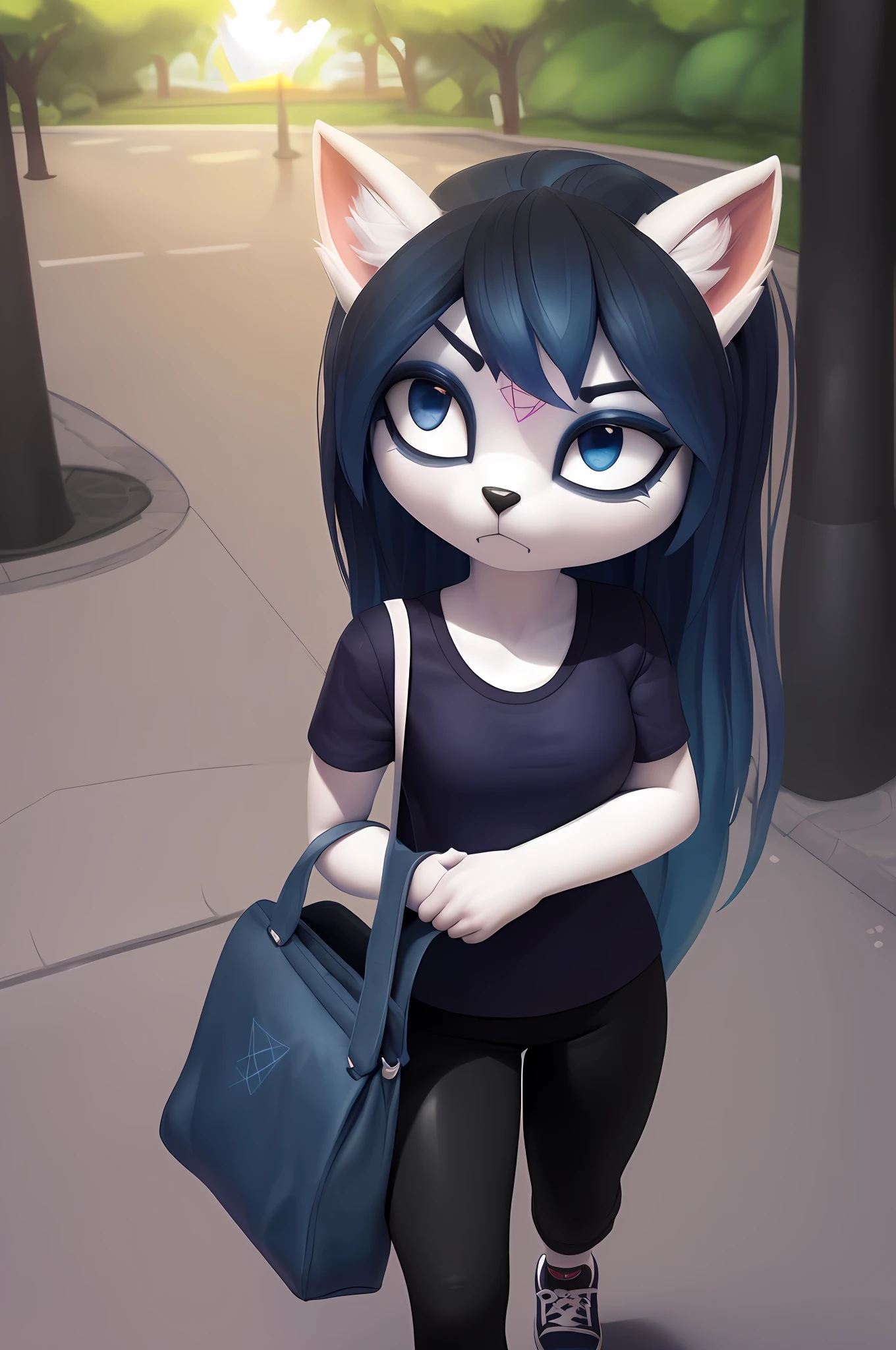 [Claire (the summoning)], [Uploaded to e621.net; (Pixelsketcher), (wamudraws)], ((masterpiece)), ((1girls)), ((solo portrait)), ((full body)), ((furry; anthro)), ((detailed fur)), ((raytracing)), ((detailed shading)), ((beautiful 3D art)), {anthro; (white fur, black nose), pentagram on forehead, ponytail, blue hair, dark blue slit eyes, frown, (short sleeve indigo tee shirt, black yoga pants)), (dark blue canvas sneakers)}, ((jogging on sidewalk; holding bag, attractive)), [background; (park; (sunny, clouds, bright sun]