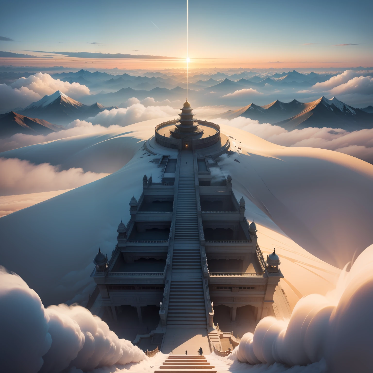 From the top of the Daxing'an Ridge to the ethereal clouds, there is a staircase with no end in sight，Soar thousands of miles on the clouds，Overlooking the turbulent mountains and rivers，Walk alone through the sea of clouds，Finally arrived at the splendid scale of the Golden Temple of Clouds。Extreme image quality，Perfect light and shadow，loopy，轴对称，Golden section