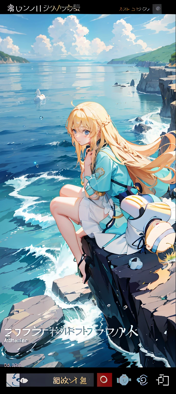 Anime girl sitting on rocks by the sea with dog, Blonde anime girl with long hair, wallpaper anime blue water, anime wallaper, Beautiful anime, Guviz, hd anime wallaper, Anime style. 8K, anime visual of a cute girl, Splash art anime , drawn in anime painter studio, Smooth anime CG art