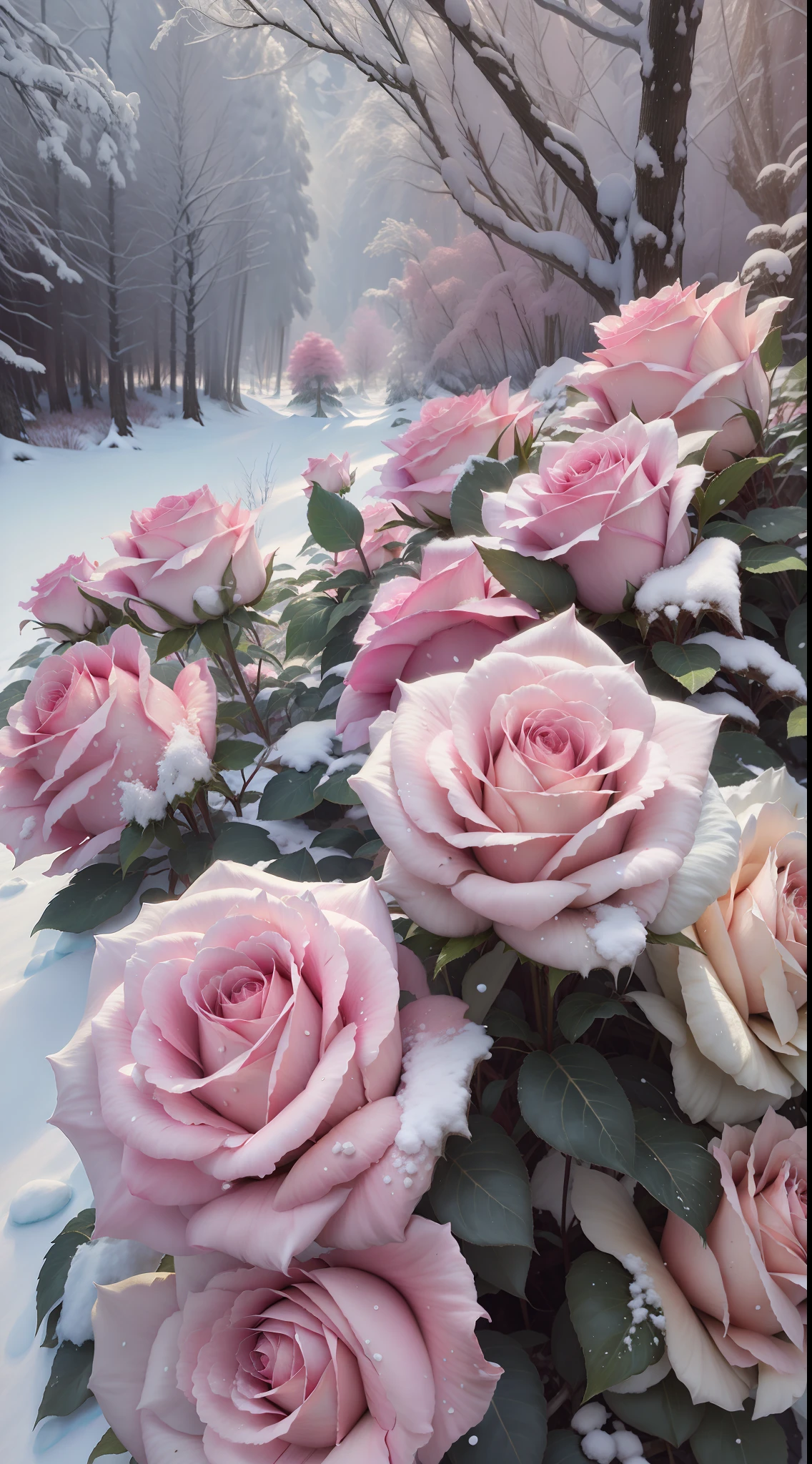 There are a lot of pink roses in the snow,The flowers are covered in snow,Frozen flowers,It is surrounded by pink forests,Beautiful nature,Beautiful photography,Cold but beautiful,stunning cinematography,8K high quality detailed art