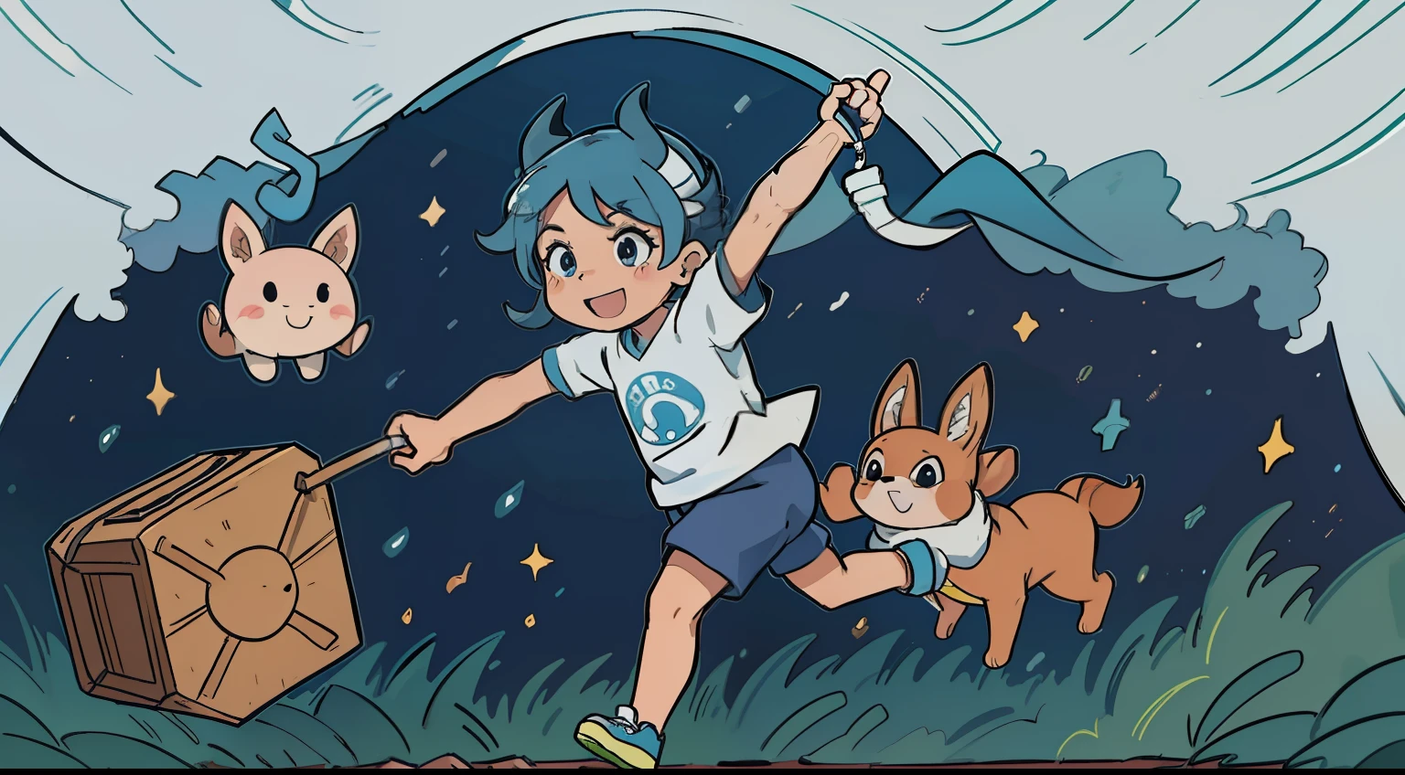 raposa cartoon, correndo, arms up, sorriso grande