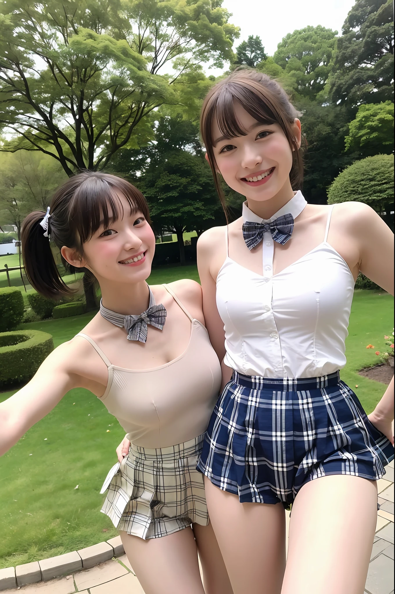 2 girls standing,sleeveless white shirt,plaid bow tie,thong with plaid frill,18year old,bangs,smiles,thighs,knees,crotch,short cut hair,poneyTail,in park,from below