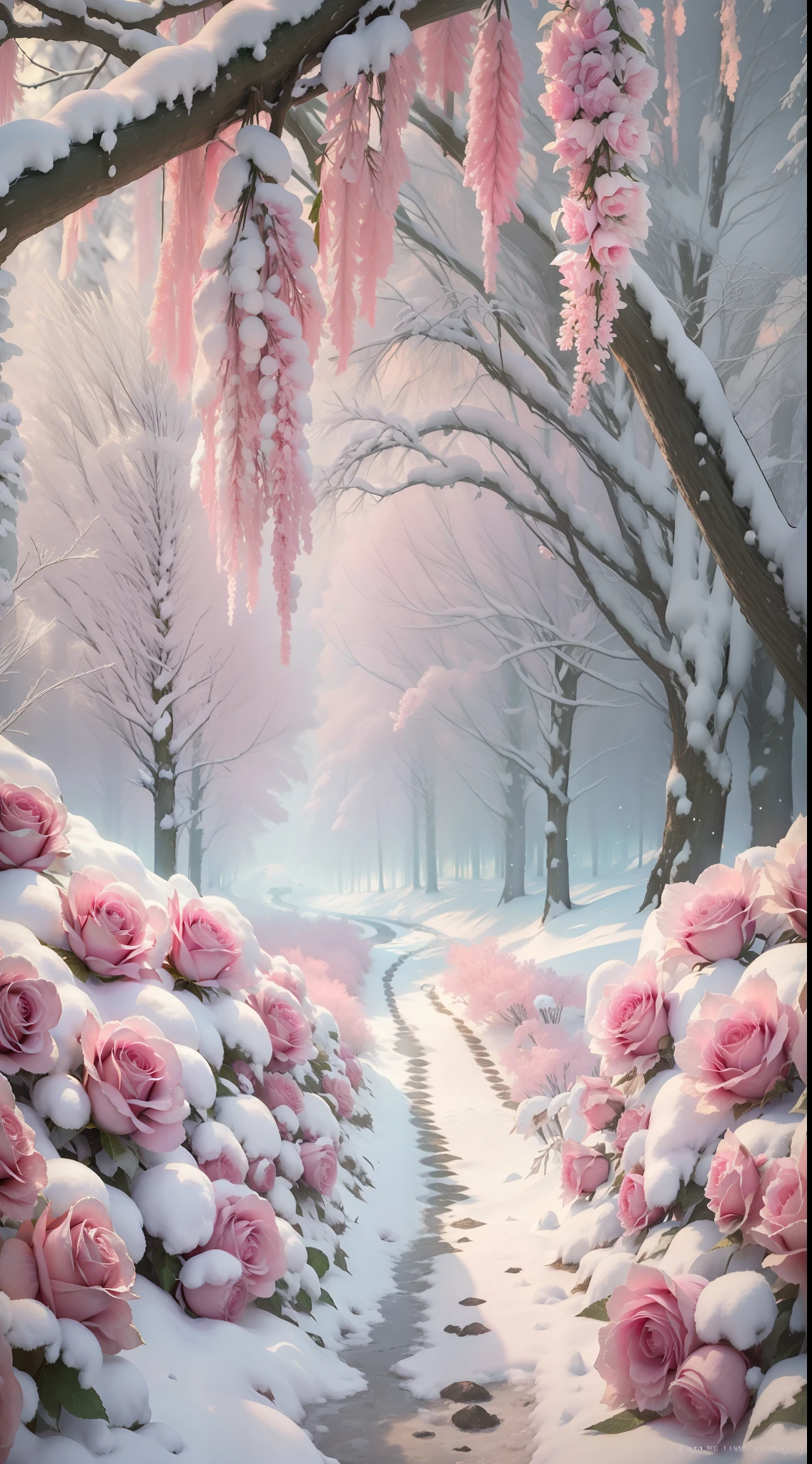 There are a lot of pink roses in the snow,The flowers are covered in snow,Frozen flowers,It is surrounded by pink forests,Beautiful nature,Beautiful photography,Cold but beautiful,stunning cinematography,8K high quality detailed art