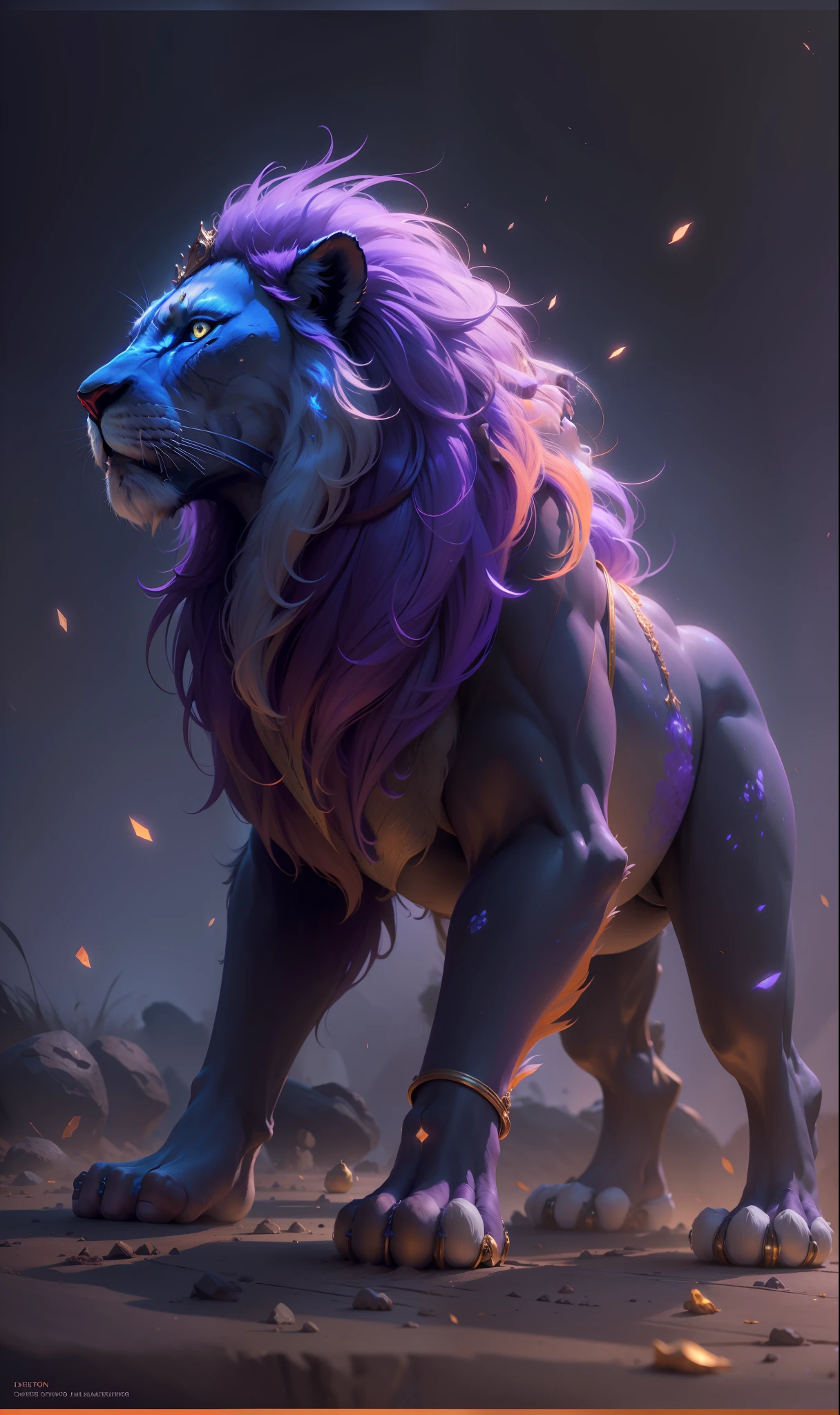 Pixar style, The whole body of the Lion King, (Kingly style,Domineering),The majestic Lion King,standing on two legs, Dust particles and soft lighting, Diffused light, Heavy fog, Portrait, intricate skin texture, purple, blue and orange, Intricate metal details, bioluminescent colors, 4K, rendering by octane, Epic composition, Golden ratio,(Sit Pose),(profile),upperbody closeup,Look up at the distant sky,Beautiful digital artwork,art stations,Close-up,super detailing,Best quality,ultra-realistic realism,(tmasterpiece :1.2)