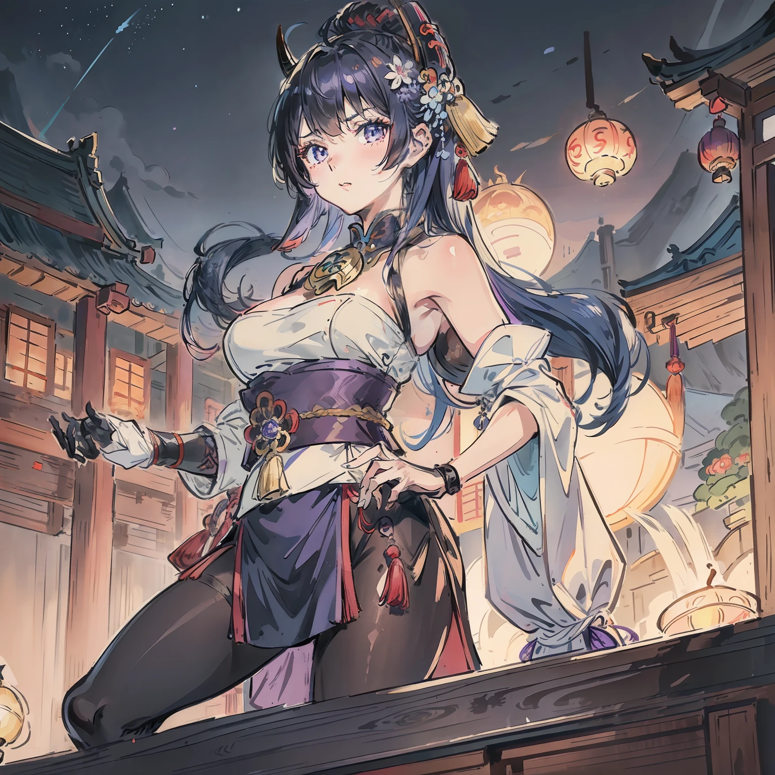 ganyu\(genshin impact\), 1girl, ahoge, architecture, bangs, bare shoulders, bell, black gloves, black tights, ((blue hair)), blush, breasts, chinese knot, sleeve, East Asian architecture, flower knot, gloves, horn, long hair, looking at the audience, mid-chest, neckbell, night, outdoor, pantyhose, purple eyes, sideburns, solo, tassels, white sleeves, ((masterpiece))