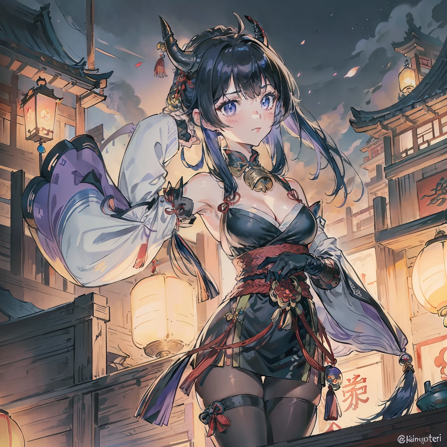 ganyu\(genshin impact\), 1girl, ahoge, architecture, bangs, bare shoulders, bell, black gloves, black tights, ((blue hair)), blush, breasts, chinese knot, sleeve, East Asian architecture, flower knot, gloves, horn, long hair, looking at the audience, mid-chest, neckbell, night, outdoor, pantyhose, purple eyes, sideburns, solo, tassels, white sleeves, ((masterpiece))