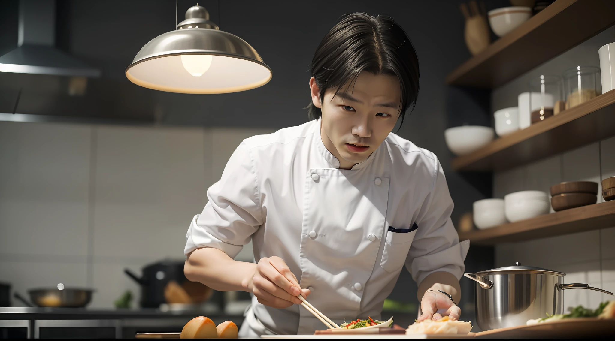 This photo captures the essence of a Chinese chef Michelin-starred during the culinary peak. The cook is a sophisticated young man.His facial expression is particularly exaggerated, as if he had made a truly extraordinary achievement.all attention is focused on the chef's impressive cooking skills. The warm color temperature enhances the richness and vitality of the scene,