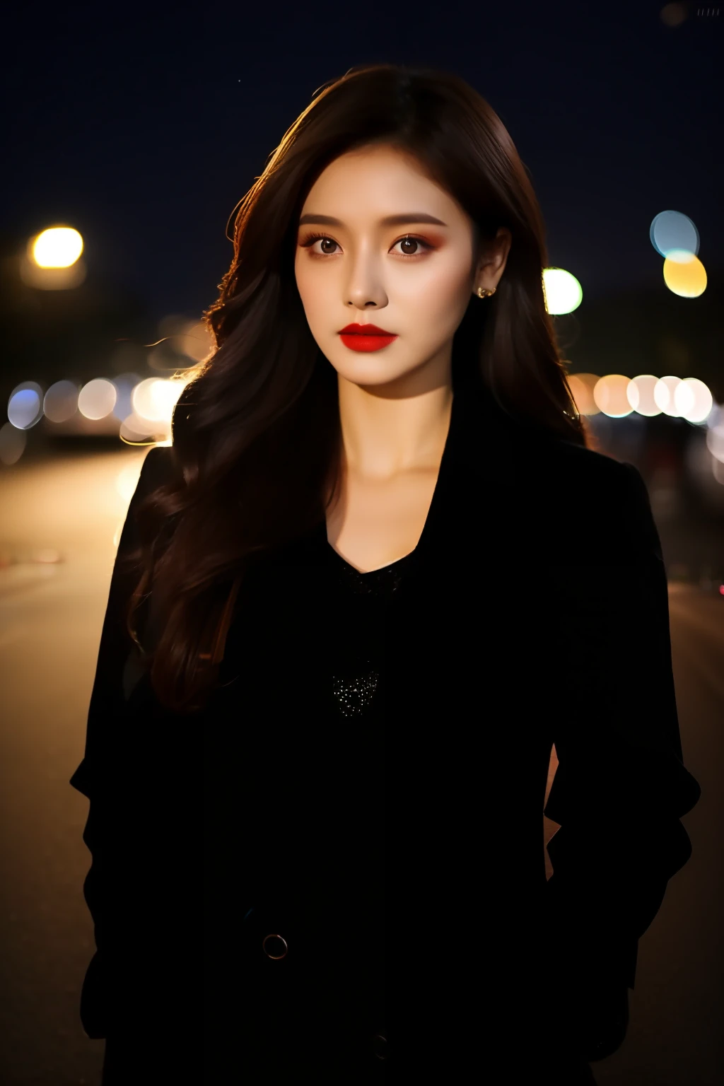 a woman standing on the side of a road at night, 1girl, long hair, motor vehicle, car, looking at viewer, ground vehicle, night, hands in pockets, blurry background, coat, black hair, parted lips, bokeh, jacket, brown hair, outdoors, red lips, upper body, artist name