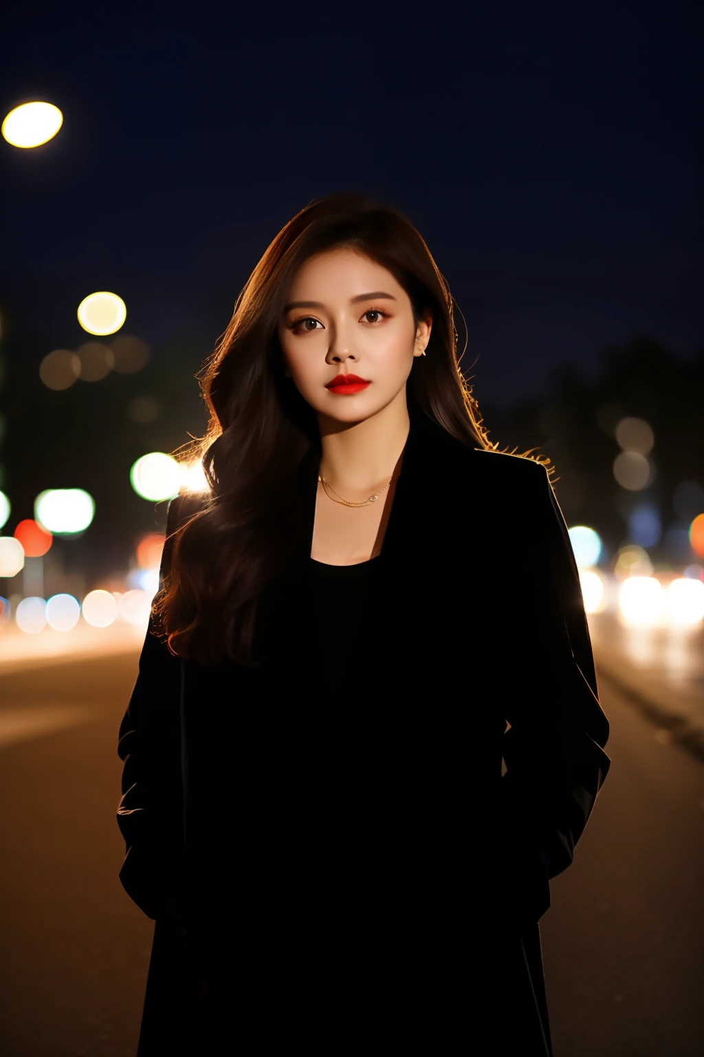 a woman standing on the side of a road at night, 1girl, long hair, motor vehicle, car, looking at viewer, ground vehicle, night, hands in pockets, blurry background, coat, black hair, parted lips, bokeh, jacket, brown hair, outdoors, red lips, upper body, artist name