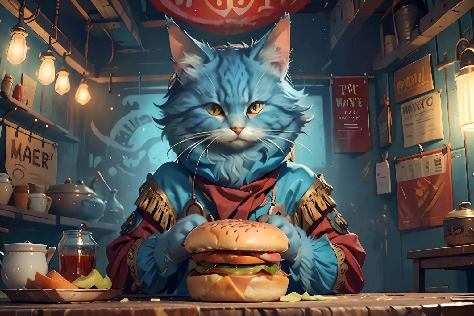 c4ttitude, fantasy cat strategic, focus-eyed, confident grin, digital-pattern fur, engaging,  digital realm, about to eat a teal coloured hamburger with cheese and dripping red sauce