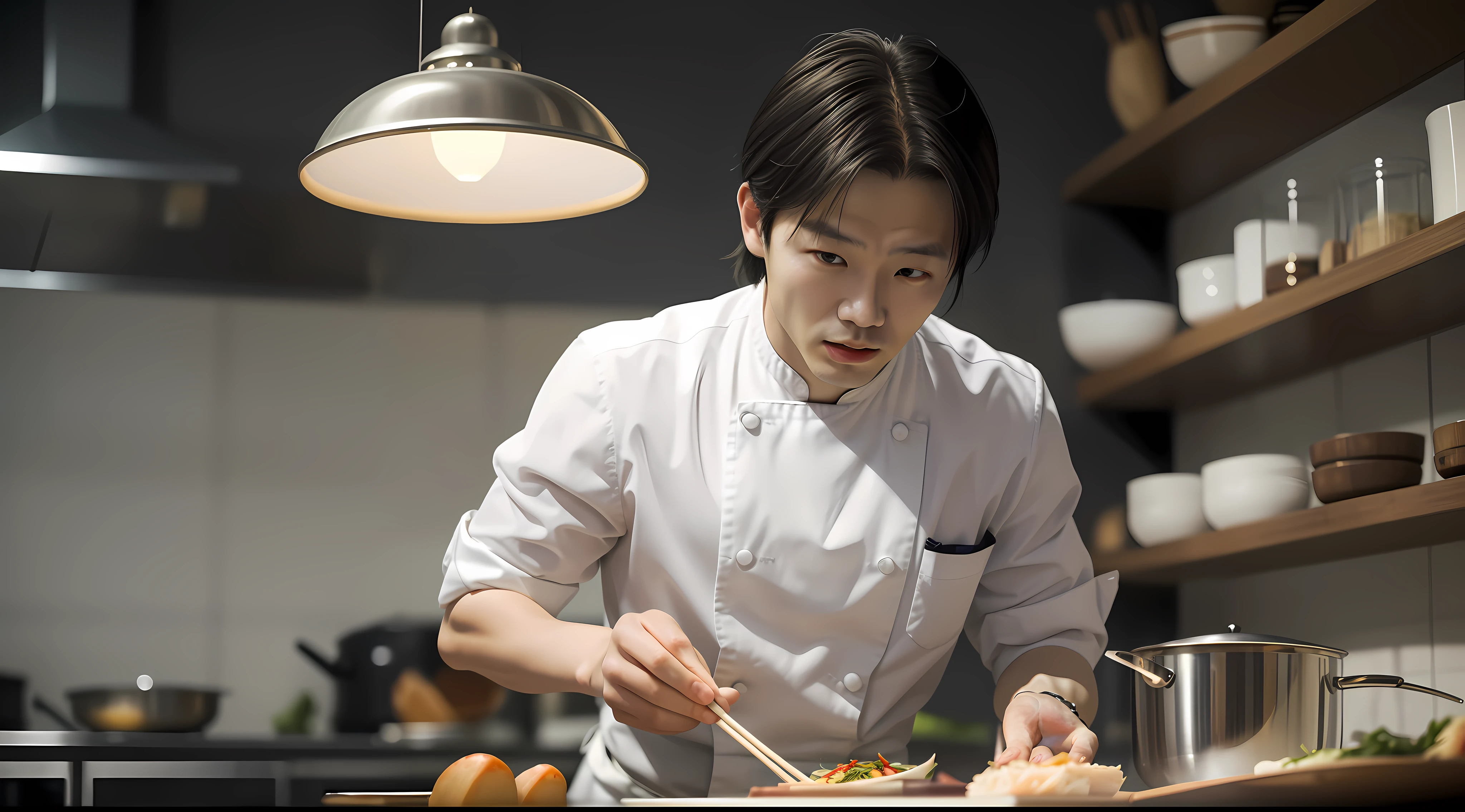 This photo captures the essence of a Chinese chef Michelin-starred during the culinary peak. The cook is a sophisticated young man.His facial expression is particularly exaggerated, as if he had made a truly extraordinary achievement.all attention is focused on the chef's impressive cooking skills. The warm color temperature enhances the richness and vitality of the scene,