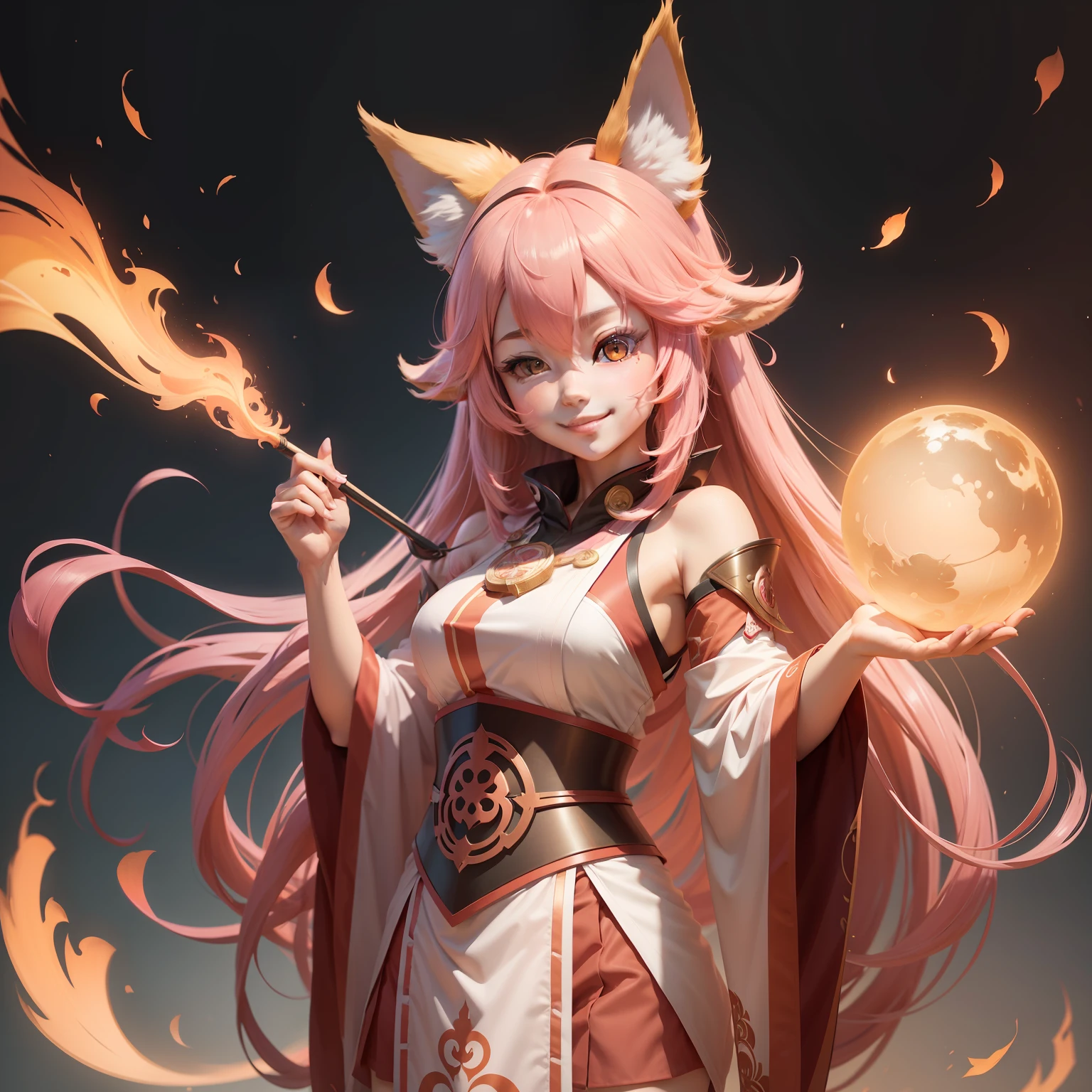 yae miko, 180cm, Long hair, fox ears, light smile, raised eyebrows, pink hair, smile, anime, ray tracing, UHD, UHD, UHD, UHD, 1080P, award winning, high quality, masterpiece, UHD