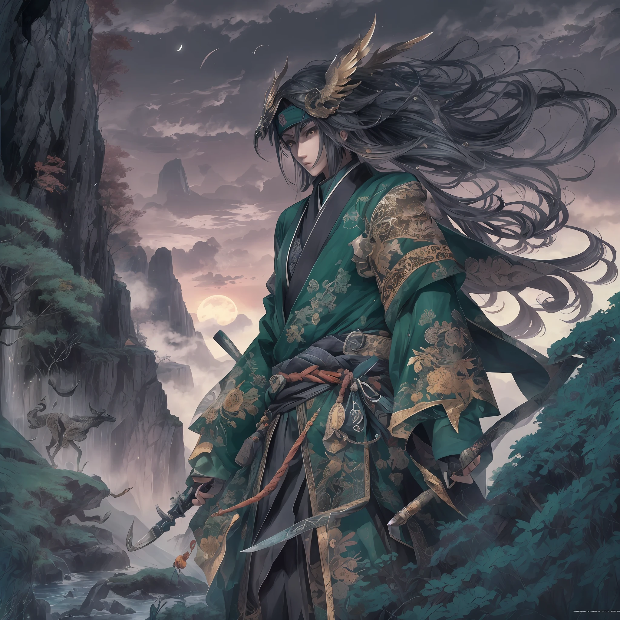 mystic ninja,Detailed face,Detailed eyes,Clear eyes,Gui Zen,Exotic beasts of mountains and seas,Dark green and black details, Loose and thick clothing covers the body,standing on cliff,Bask in the luxury of Yoshitaka Amano in the moonlight,fanciful,sci-fy,the complex background(full bodyesbian),((dynamicposes)),Colorful wallpapers,Highly detailed,Masterpiece,best qualtiy,art stations