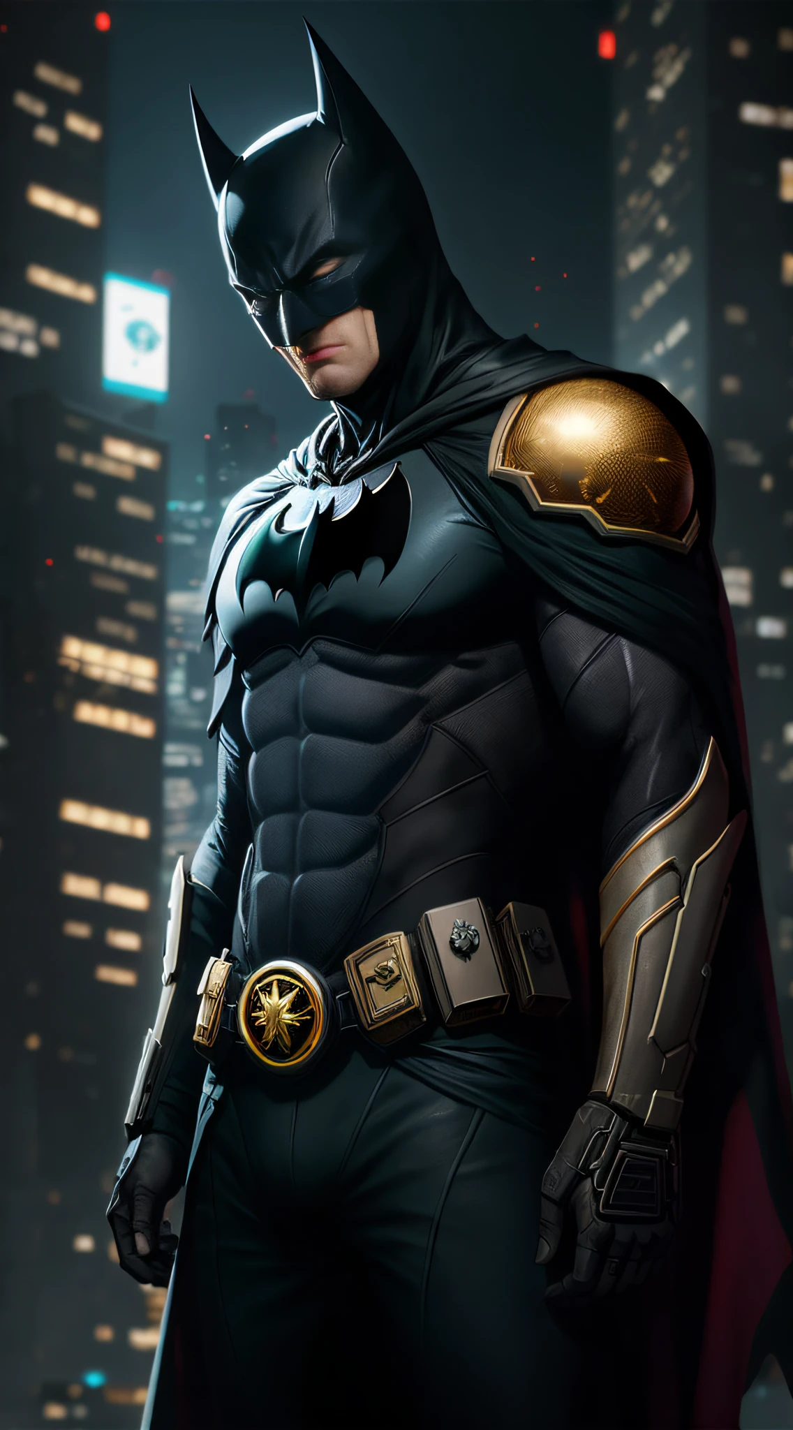 octane render de cyberpunk batman por Tsutomu nihei, Seda cromada com intrincado filiegree dourado tecido ornamentado, fundo misterioso escuro --v 4 --q 2