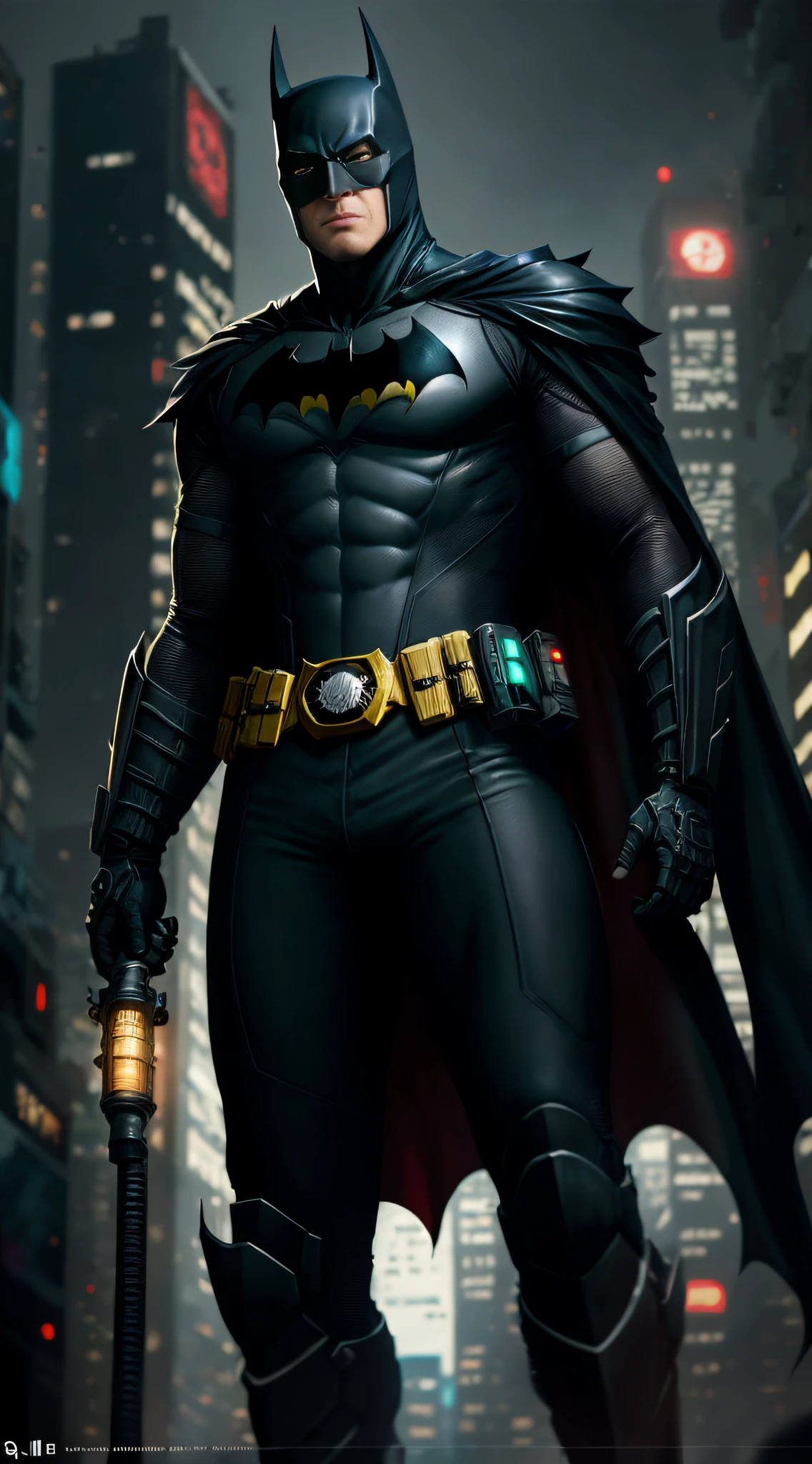 octane render de cyberpunk batman por Tsutomu nihei, Seda cromada com intrincado filiegree dourado tecido ornamentado, fundo misterioso escuro --v 4 --q 2