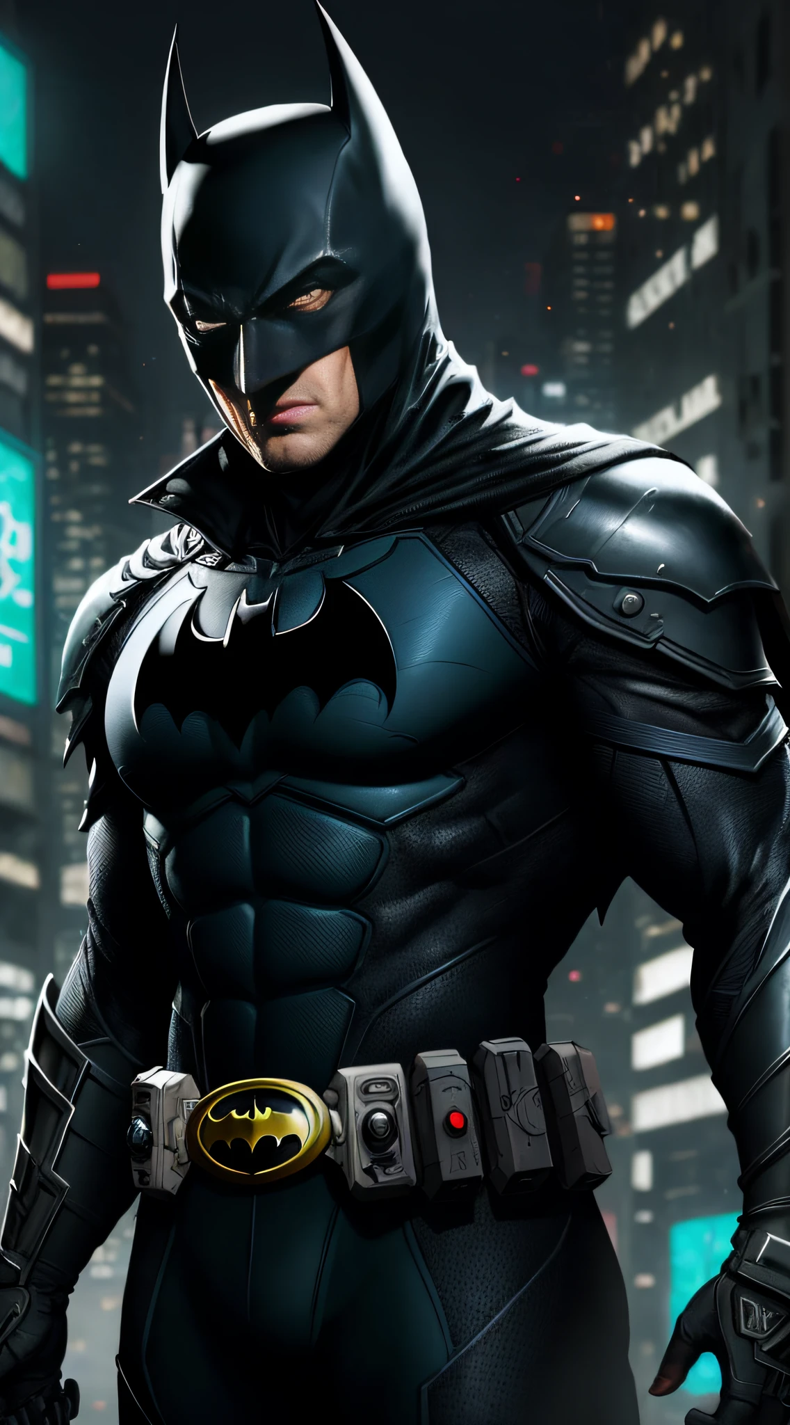 octane render de cyberpunk batman por Tsutomu nihei, Seda cromada com intrincado filiegree dourado tecido ornamentado, fundo misterioso escuro --v 4 --q 2