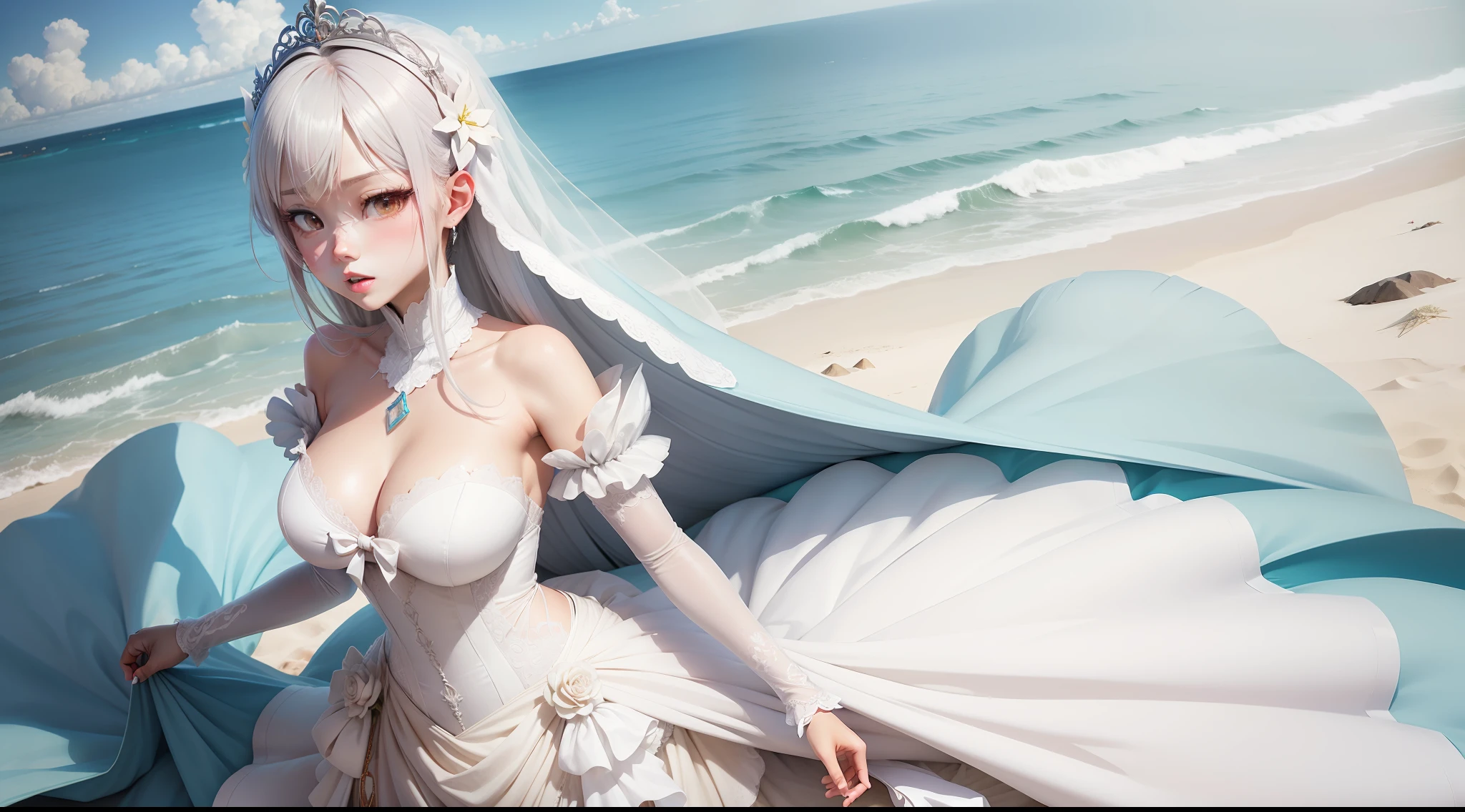 From anime《PerfectWorld》The heroine Yuechan,white wedding gown,sandbeach