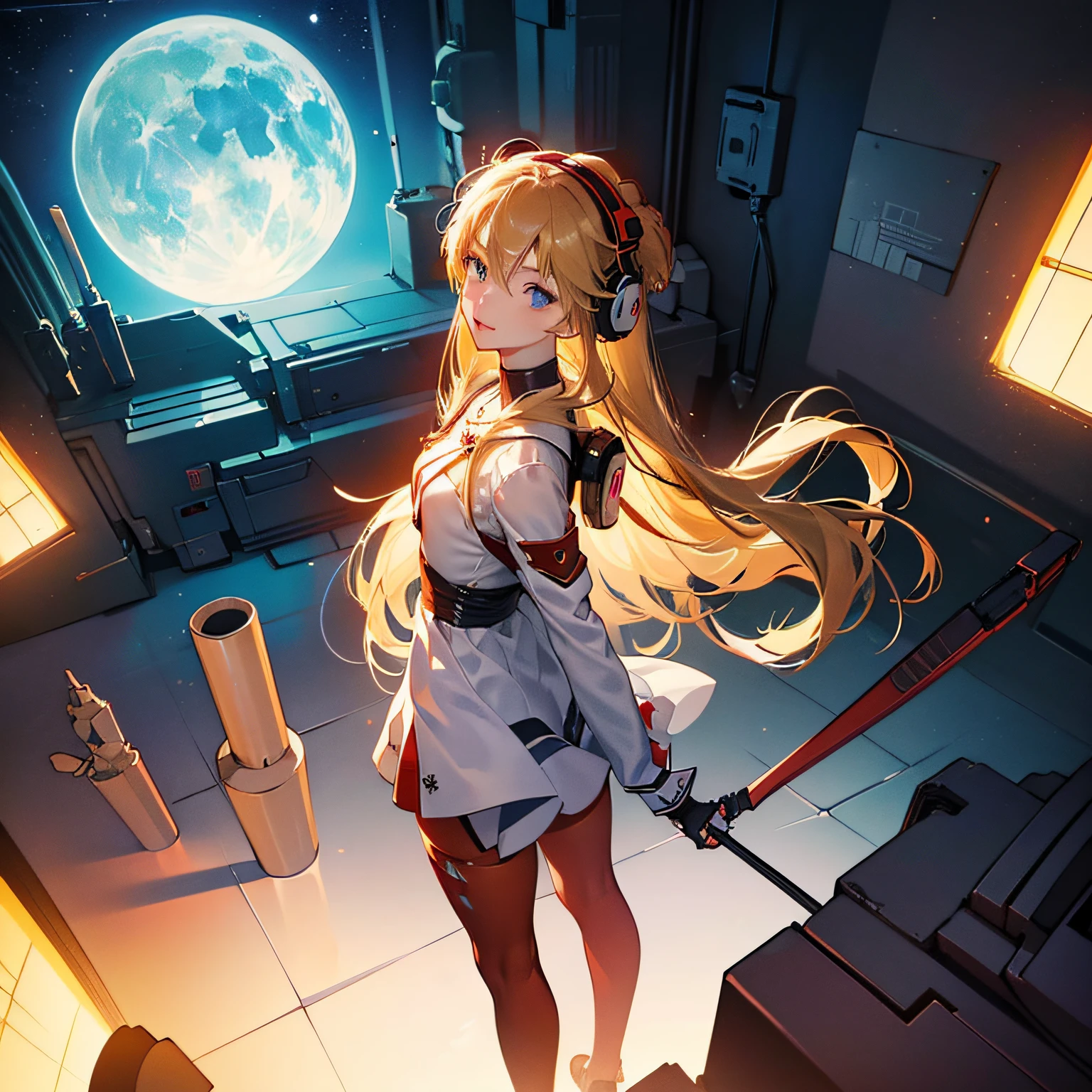 (Top view), Dynamic angle, Ultra detailed, Illustration, Close up, Straight Straight, 1 Girl,
 ((souryuu Asuka Lanley, interface headphones, red tights: 1.4, blonde)), her eyes shine like dreamy stars, (glowing eyes: 1.233), (beautiful and delicate eyes: 1.1), (expressionless, mouth closed), (standing),
(mechanical room with tools and spaceship windows in the white spaceship),
(night: 1.2), dreamy, [[slender fingers and hands: 0.55]::0.85], (detail fingers), --auto