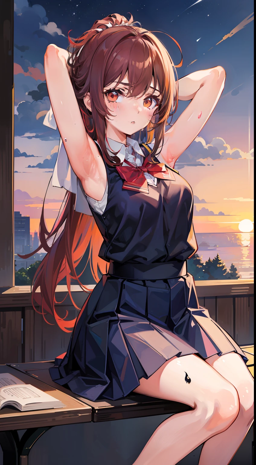 tmasterpiece, Best quality at best, 1girll, Sat down, foot up, A sole, brunette color hair, (steamy:1.5), sweat leggs, Arms up, Detailed armpits, (school uniform, the sunset), 独奏, Be red in the face, looking at viewert,