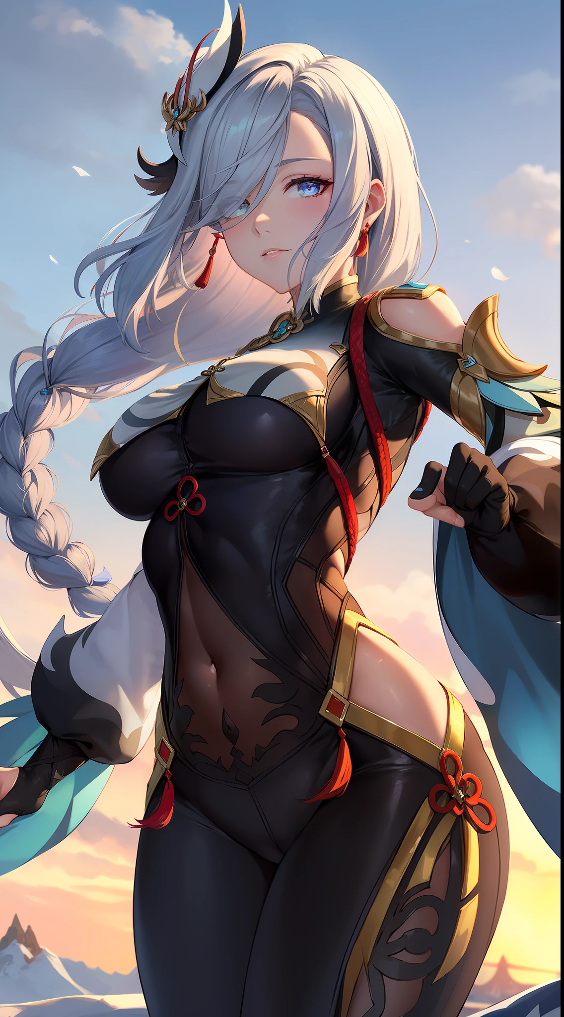 shenhedef, upper body, seductive look, blush, outdoors, snowflake scenery, looking at viewer, cloudy, moody lighting, (perfect detail eyes:1.2), glowing eyes, (long hair one braid:1.2), elemental skill effect, (Masterpiece, Best Quality, High Quality:1.4), professional artwork, Intricate Details, field of view, sharp focus, detailed painting, photorealistic lighting, trending on pixiv, (vivid lighting, vibrant colors:1.05), realistic shadows, ambient occlusion, (athletic body:1.3), mature woman, 30yo,