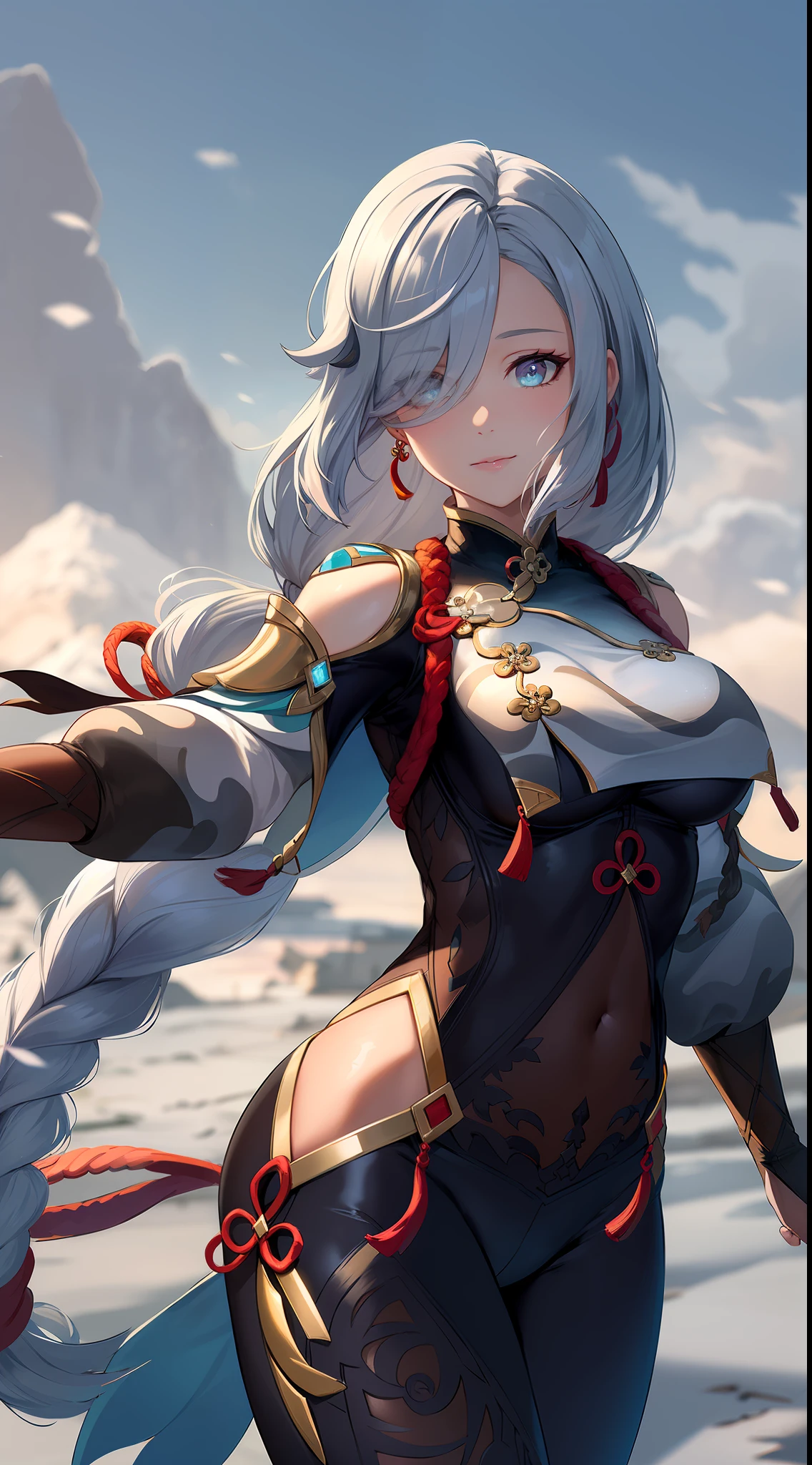 shenhedef, upper body, seductive look, blush, outdoors, snowflake scenery, looking at viewer, cloudy, moody lighting, (perfect detail eyes:1.2), glowing eyes, (long hair one braid:1.2), elemental skill effect, (Masterpiece, Best Quality, High Quality:1.4), professional artwork, Intricate Details, field of view, sharp focus, detailed painting, photorealistic lighting, trending on pixiv, (vivid lighting, vibrant colors:1.05), realistic shadows, ambient occlusion, (athletic body:1.3), mature woman, 30yo,