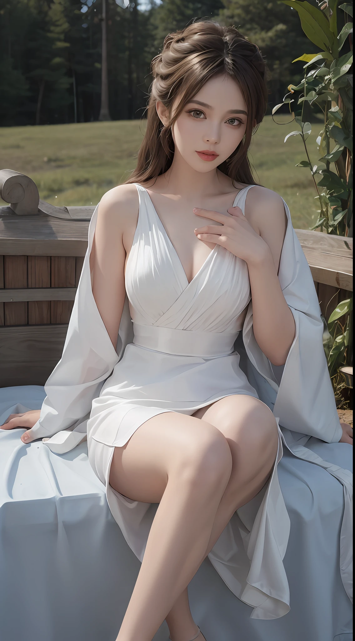 8K ultra hd, masterpiece, a girl, beautiful face, detailed eyes, detailed lip, fantacy dress, white robe dress, high light, sunny weather, blur effect, sitting,, whole body capture,