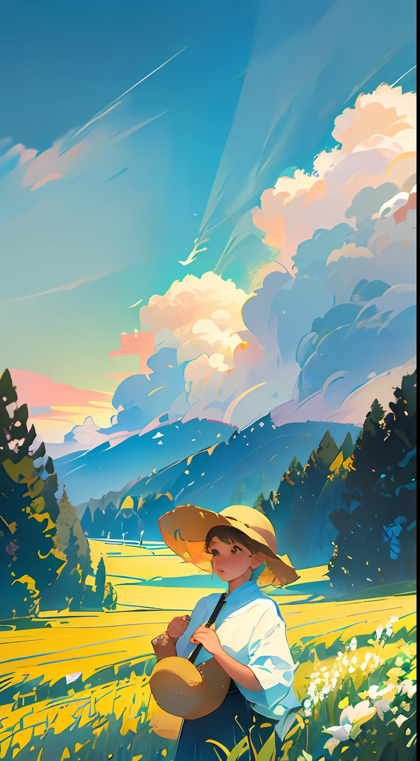 Wheat field, a farmer uncle with a straw hat standing in a wheat field, big clouds, blue sky, rice field, neat rice seedlings in the field, forest, hillside, secluded, rural, HD detail, hyper-detail, cinematic, surrealism, soft light, deep field focus bokeh, ray tracing and surrealism. --v6