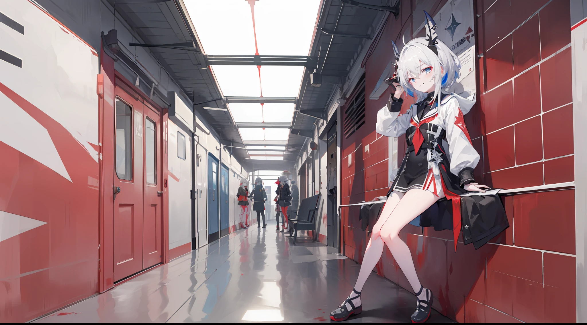 The Honkai Star Dome Railway Blade pressed Kafka against the wall，Kafka wore sunglasses and smiled at the blade in front of her，Wrap your hands around your arms，Cross your legs。The blade is red in color，Serious eyes，One hand presses against the wall，Hold the bandage in one hand。The bandage was stained with blood