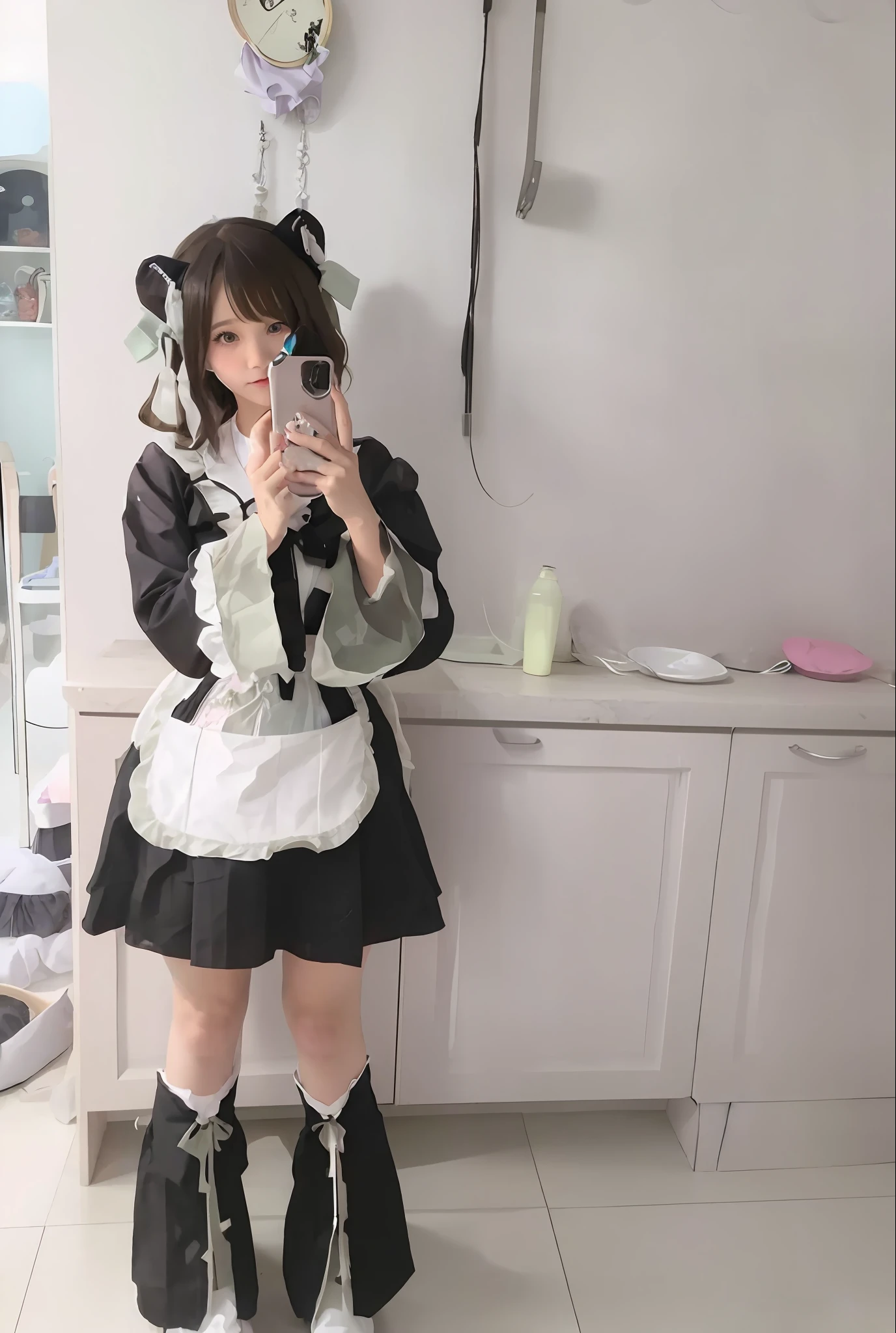 There is a woman taking a picture of herself in the mirror, cosplay of a catboy! maid! dress, anime girl in a maid costume, Maid outfit, Anime girl cosplay, Anime cosplay, Maid dress, Loli, cosplay, anime cat girl in a maid costume, maid costume, wearing maid uniform, japanese maid cafe, gorgeous maid