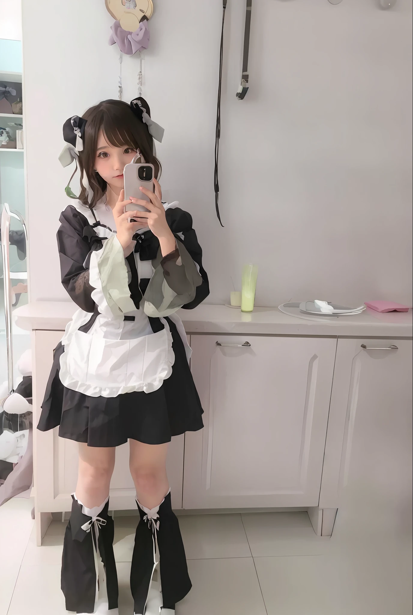 There is a woman taking a picture of herself in the mirror, cosplay of a catboy! maid! dress, anime girl in a maid costume, Maid outfit, Anime girl cosplay, Anime cosplay, Maid dress, Loli, cosplay, anime cat girl in a maid costume, maid costume, wearing maid uniform, japanese maid cafe, gorgeous maid