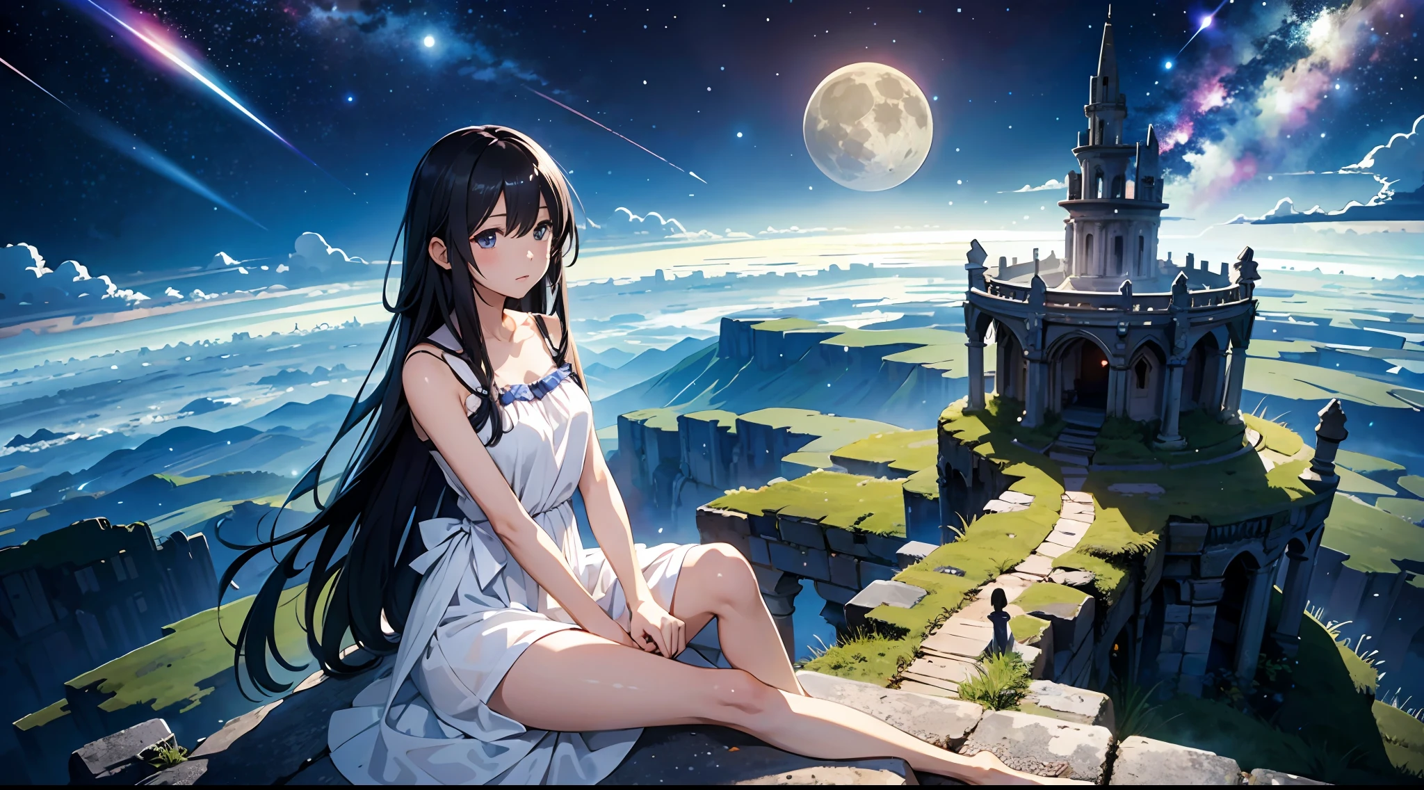 (masterpiece、top-quality)perfect anime illustration、One girl in a mysterious atmosphere overlooking the lowlands from the top of a sheer cliff、Very cute face、shiny and long black hair、crystal clear white skin、Both feet are barefoot、She wears only one white dress that reaches her calf.、Blue phosphorescence surrounds her、In front of you, ruins stretch far and far away、The place is a fantastic and vast city ruins、The time is night and it is dark around the sky, but there are stars in the sky々And the big moon is shining brightly、A gentle breeze is blowing、No one else、So that the whole body goes into the illustration
