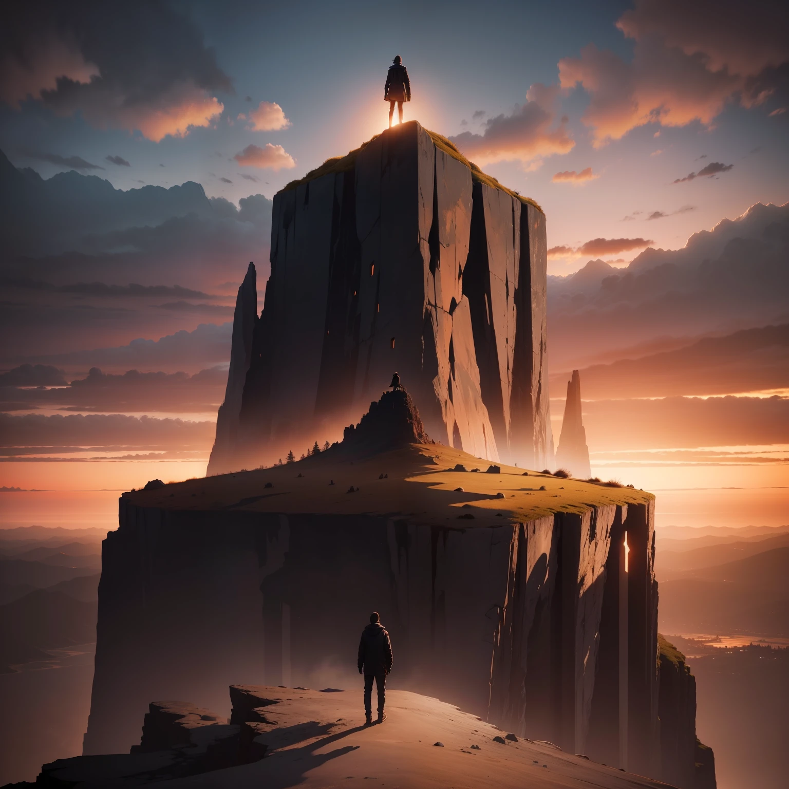Person standing on the edge of a cliff, with a looming monstrous shadow:2.1, symbolizing depression, against a backdrop of a beautiful sunset, captured with high dynamic range and sharp foreground, shot on Sony A1, emphasizing high detail and warm/cold color contrast.
