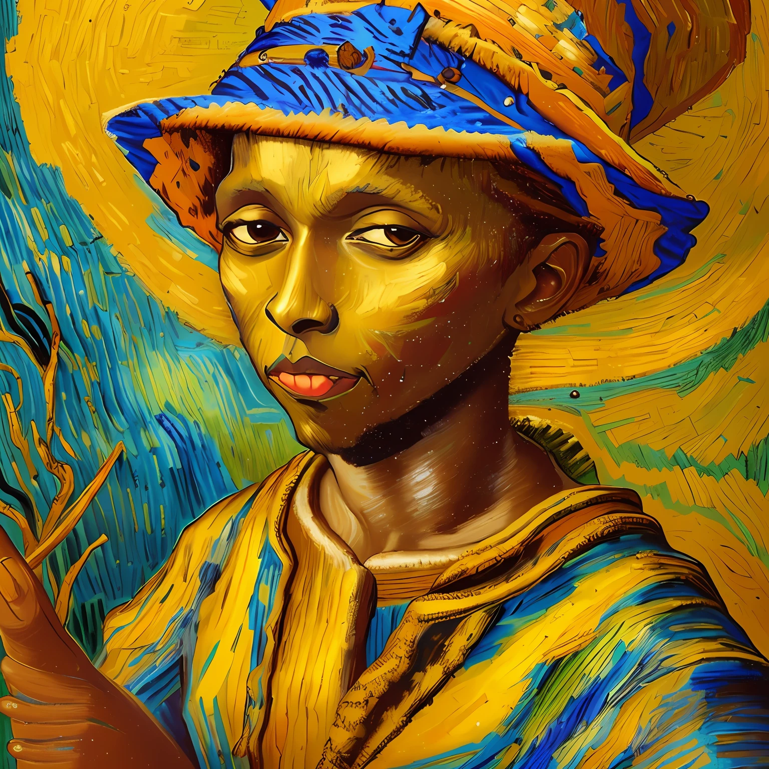 "dark-skinned African girl, upper body portrait, adorned with intricate tribal body-paint and exquisite ethnic jewelry, rendered in acrylic paint with a touch of (self-portrait with straw hat, (((Vincent van Goch)))'s vibrant style." --auto