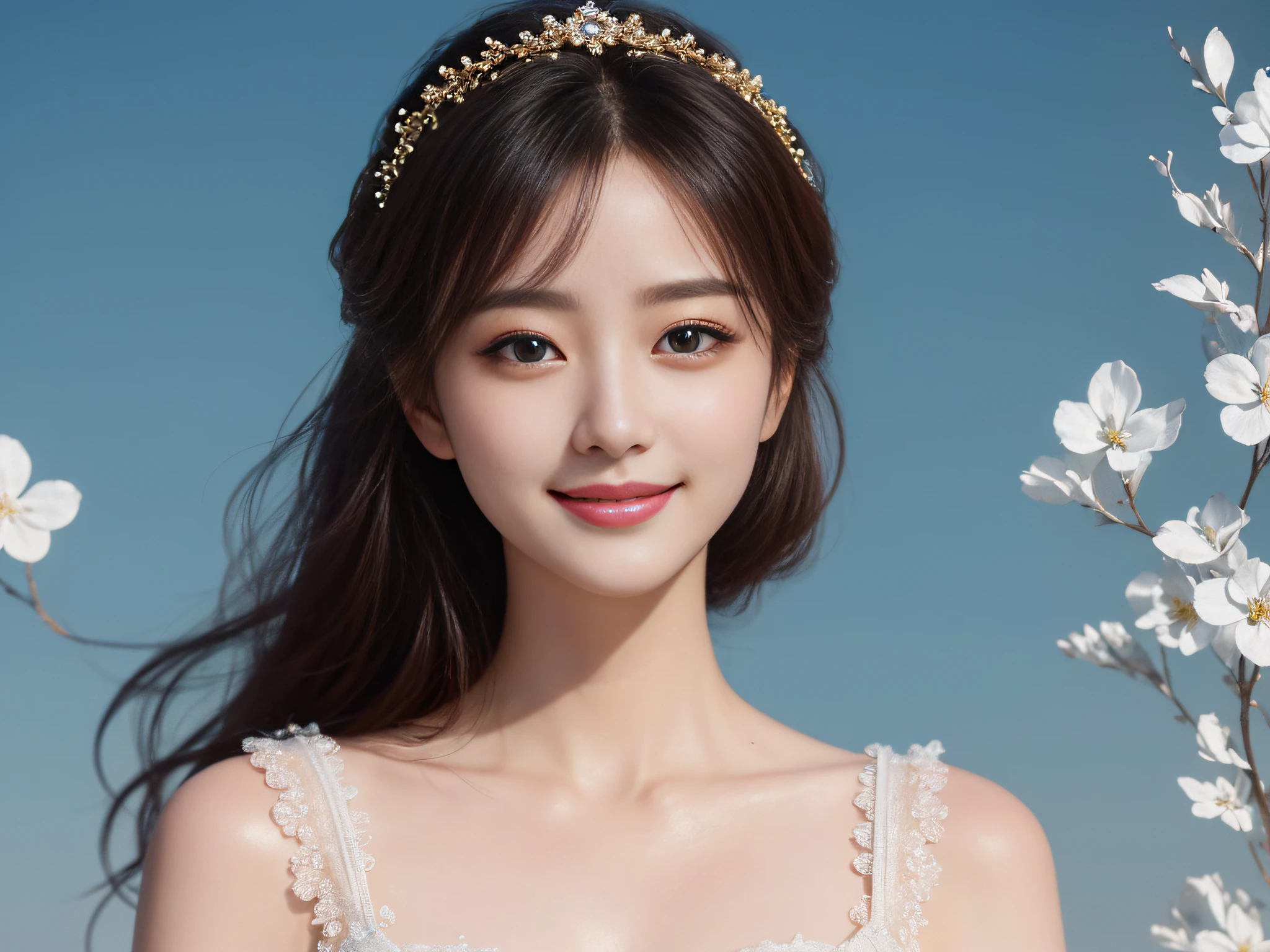 masterpiece、(top-quality:1.2)、(ultra-detailliert:1.2)、a picture、(extremely delicate and beautiful:1.2)、scinematic angle、floating、(beatiful detailed eyes:1.1)、(Detailed light:1.1)、Cinematic lighting、Beautifully detailed sky、femele、Transaction service、a smile、greeting