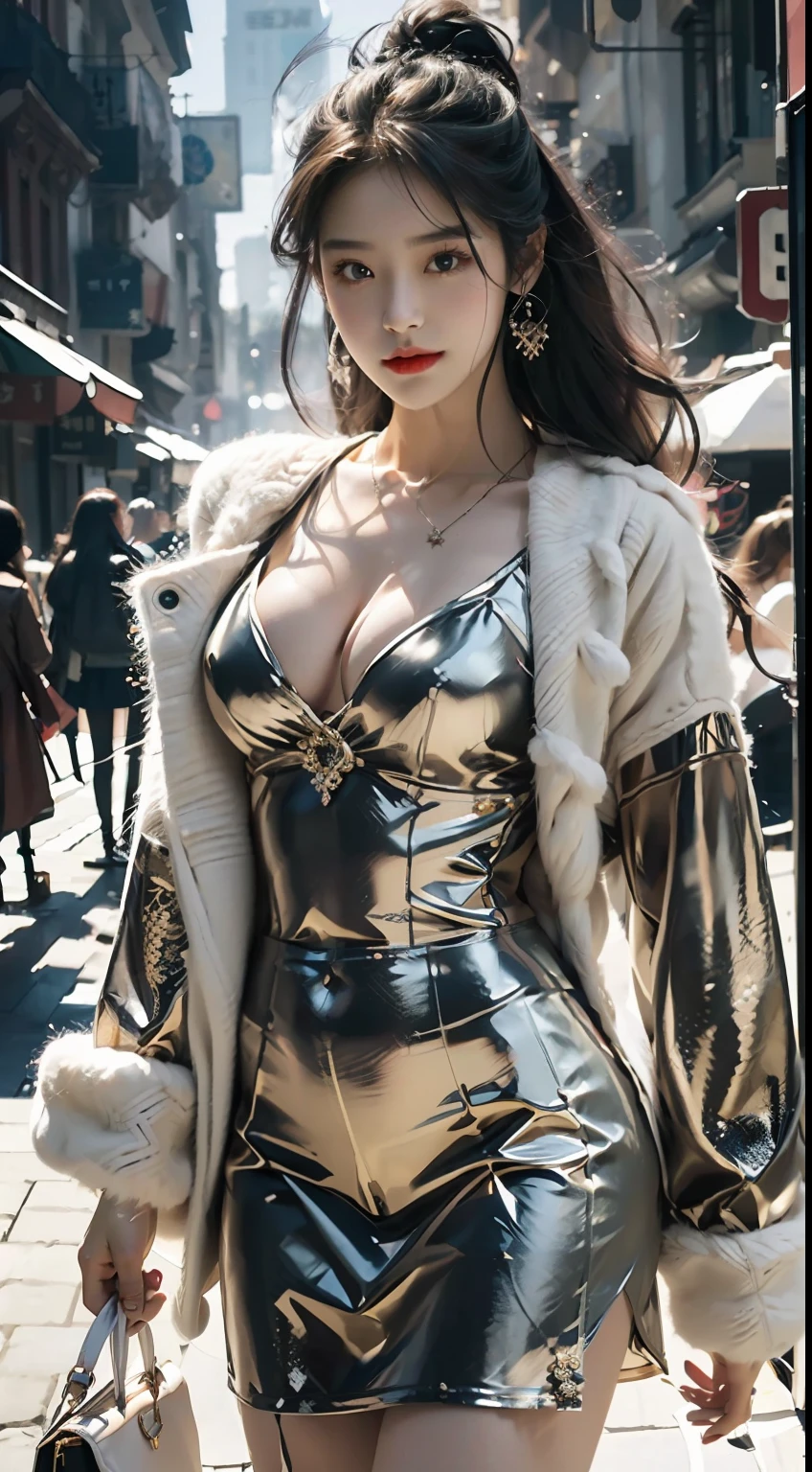 (（best qualtiy，tmasterpiece，超高分辨率）)，（realisticlying：1.4），(Korean star poster-like)，1girll，From head to knee，Dynamic posture，adult face，Slim，(ssmile)，（shiny skins），（contours，frontage，eventide），whaite hair，long whitr hair，黑The eye，（big cleavage breasts），Top fashion，（（White plush coat）），Lace，(short  skirt)，（nevando：1.5，pedestrian street，The city in winter），(Clear eyes)，(Clear nose)，(Clear lips)，(Fair skin)，(Ultra-realistic textile textures)