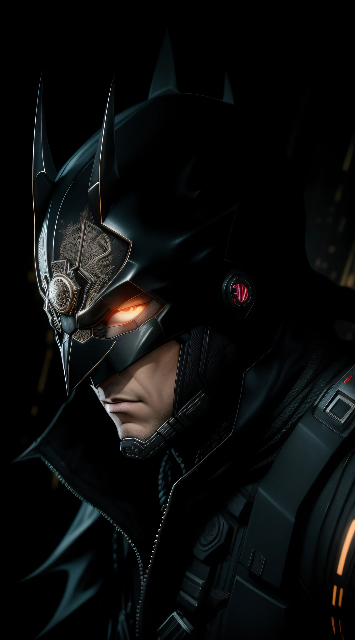 octane render de cyberpunk batman por Tsutomu nihei, Seda cromada com intrincado filiegree dourado tecido ornamentado, fundo misterioso escuro --v 4 --q 2