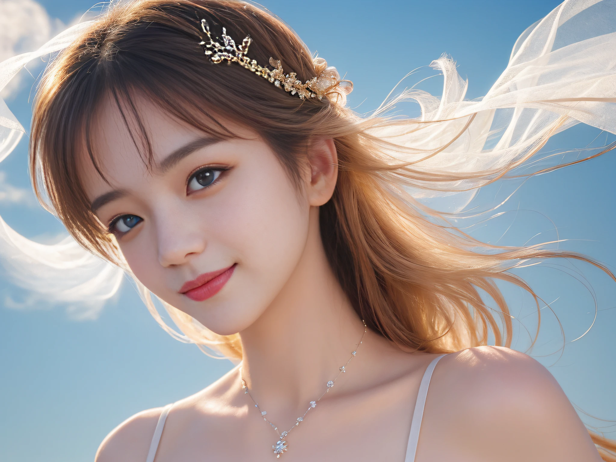 ​masterpiece、(top-quality:1.2)、(ultra-detailliert:1.2)、a picture、(extremely delicate and beautiful:1.2)、scinematic angle、floating、(beatiful detailed eyes:1.1)、(Detailed light:1.1)、Cinematic lighting、Beautifully detailed sky、femele、Transaction service、a smile、greeting
