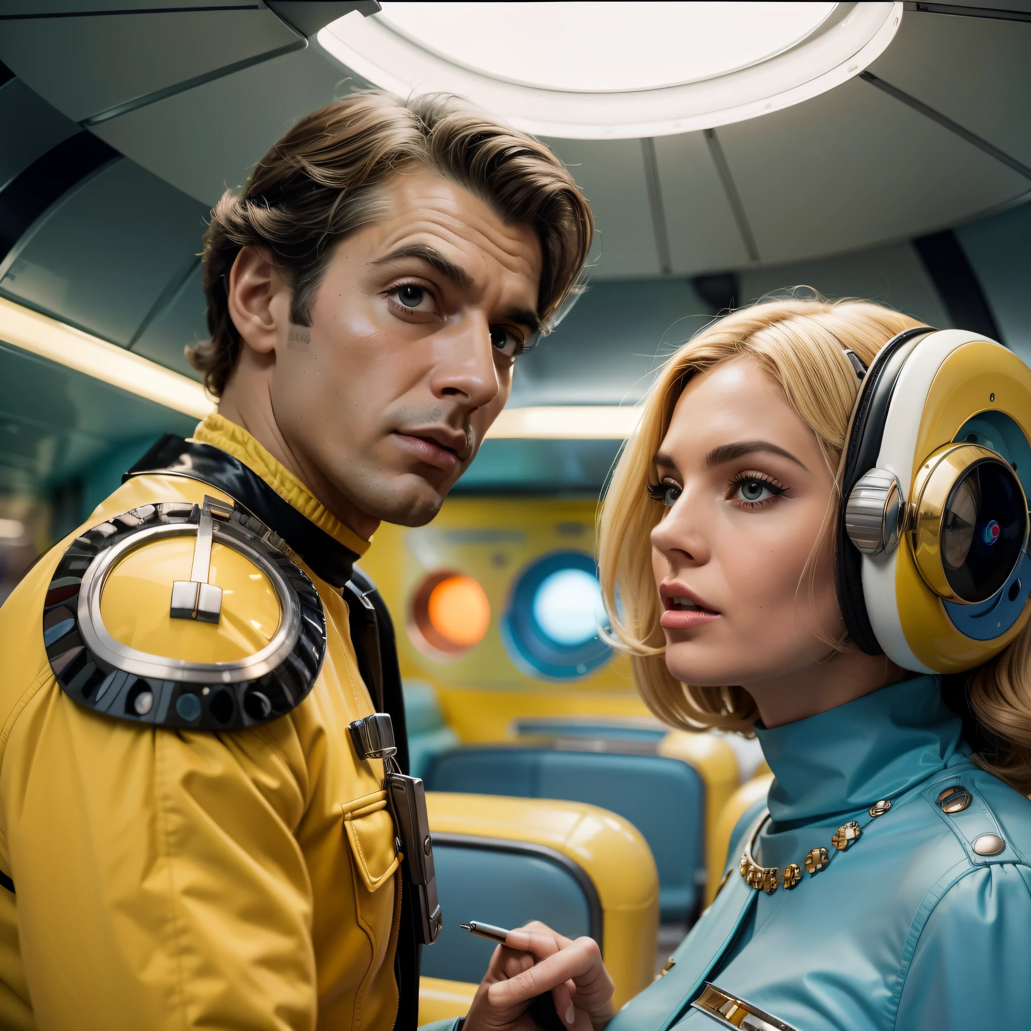 4k image of a 1960s science fiction film by Stanley Kubrick, Filme O Grande Hotel Budapeste, pastels colors, A man and a woman wearing retrofuturistic alien masks and holding colorful suitcases and chests on the bus, Retro-futuristic fashion clothes from the 60s with old robots, Luz Natural, Psicodelia, futurista estranho, retro-futurista, photo-realistic, Sharp background details.