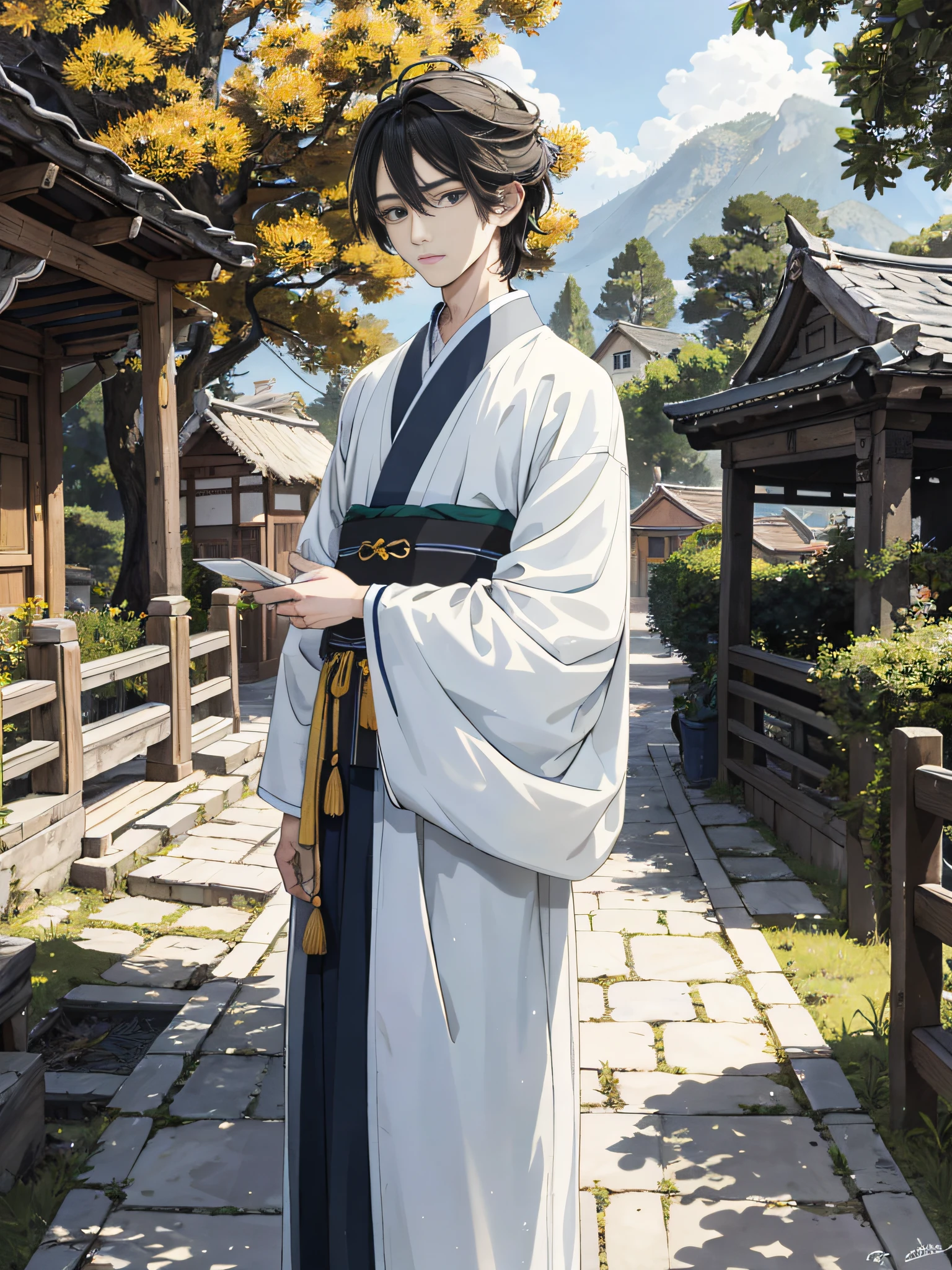 Absurd, high definition, super detailed, texture details, clear presentation, HD details, detail performance, fine details, clear face, precise restoration, clear eyeballs, (1 person: 1.3), hand-drawn, simple lines, an 18-year-old man in colorful Hanfu, standing at the entrance of the village, masterpiece, sunny day, looking at the camera