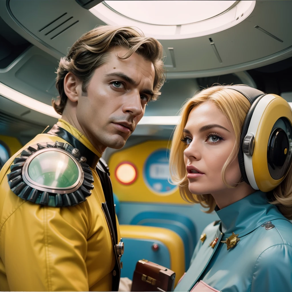 4k image of a 1960s science fiction film by Stanley Kubrick, Filme O Grande Hotel Budapeste, pastels colors, A man and a woman wearing retrofuturistic alien masks and holding colorful suitcases and chests on the bus, Retro-futuristic fashion clothes from the 60s with old robots, Luz Natural, Psicodelia, futurista estranho, retro-futurista, photo-realistic, Sharp background details.