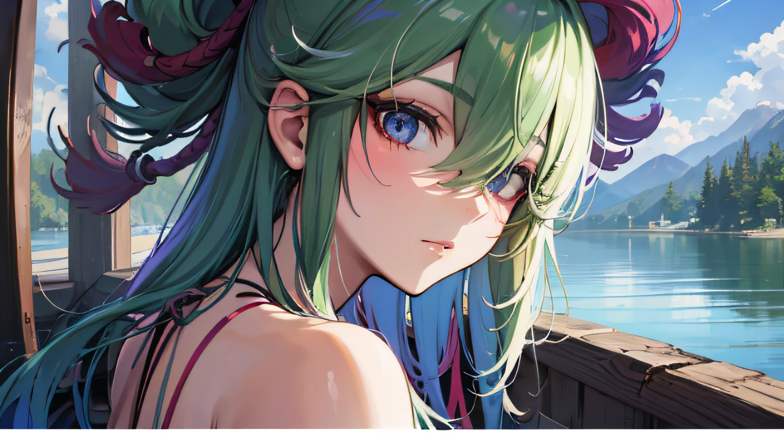(NSTDA.:1.2), (10, beste-Qualit, master-piece: 1.4), ultra-high resolution, (lifelike, photorealistic portrait: 1.48), 30 years old, Cute Girl, (See through the microcolor bikini beetle:1.11), Famous Japanese actors, G Cup Big Breasts, (hair over one eye:1.3), Blue Eyes, Head tilt, cowboy shot, from the side, looking at the audience, expressionless, Beautiful lake, Zeiss 150mm F/ 2.8 Hasselblad,  Whole body, foot, Ultra-Wide Angle