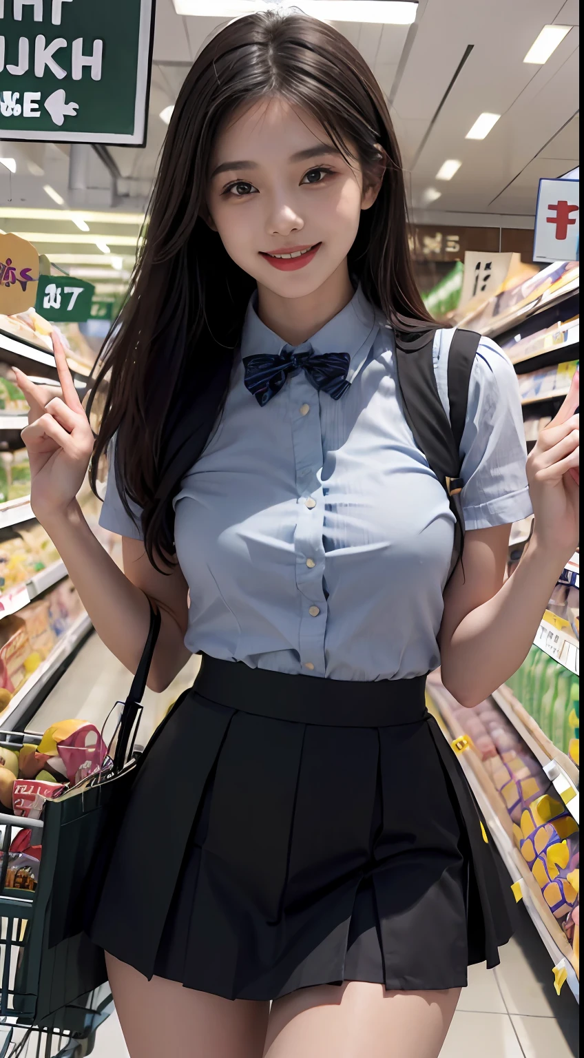(((supermarket)))、shopping、Schoolgirl Uniform、beautiful smile woman、Tops、Schoolgirl Miniskirt、shopping、sexypose、thighs thighs thighs thighs、Open legs、