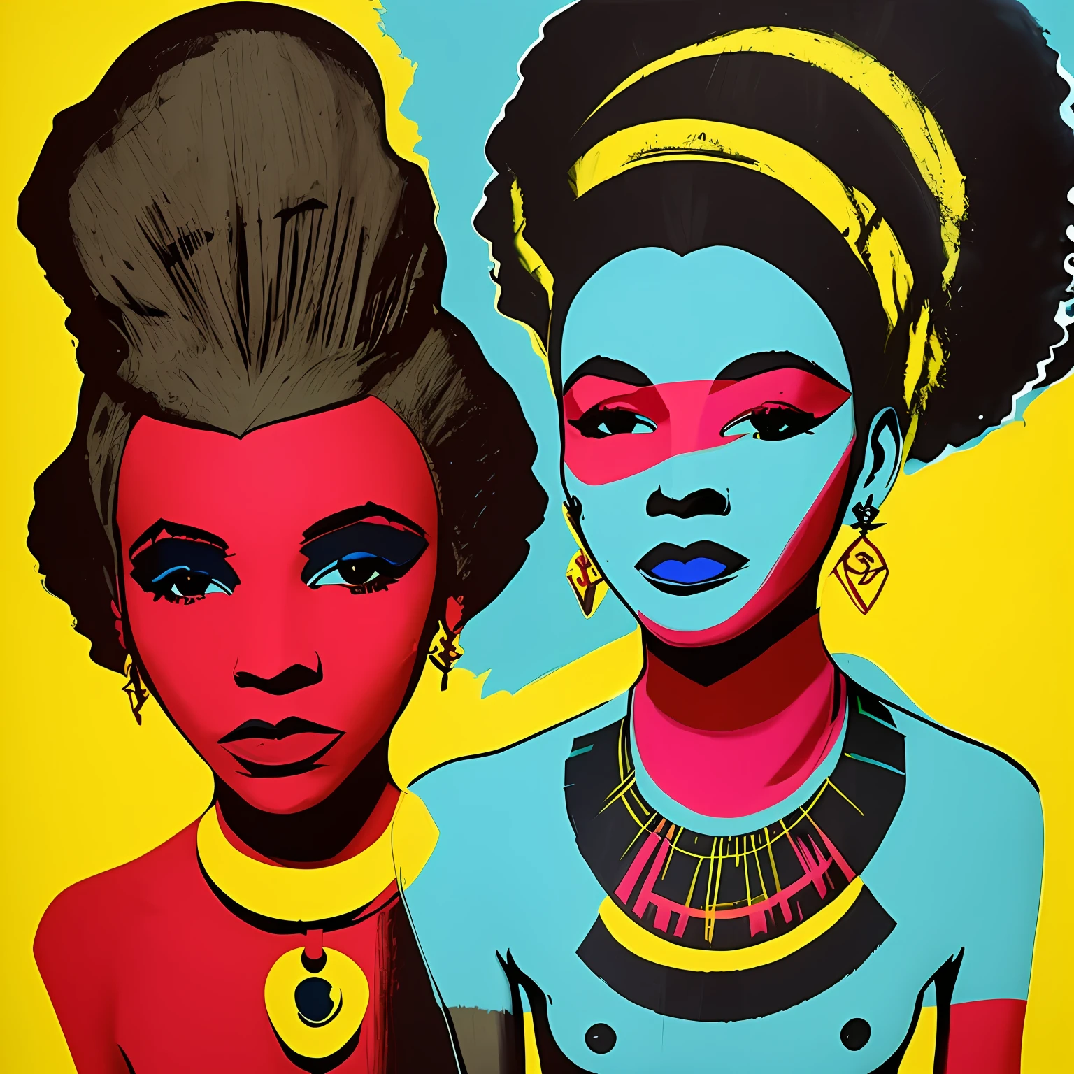 dark black African girl, upper body, with subtle tribal body-paint and fine ethnic jewellery, painted in acrylic paint in the style of (((Andy Warhol))) --auto