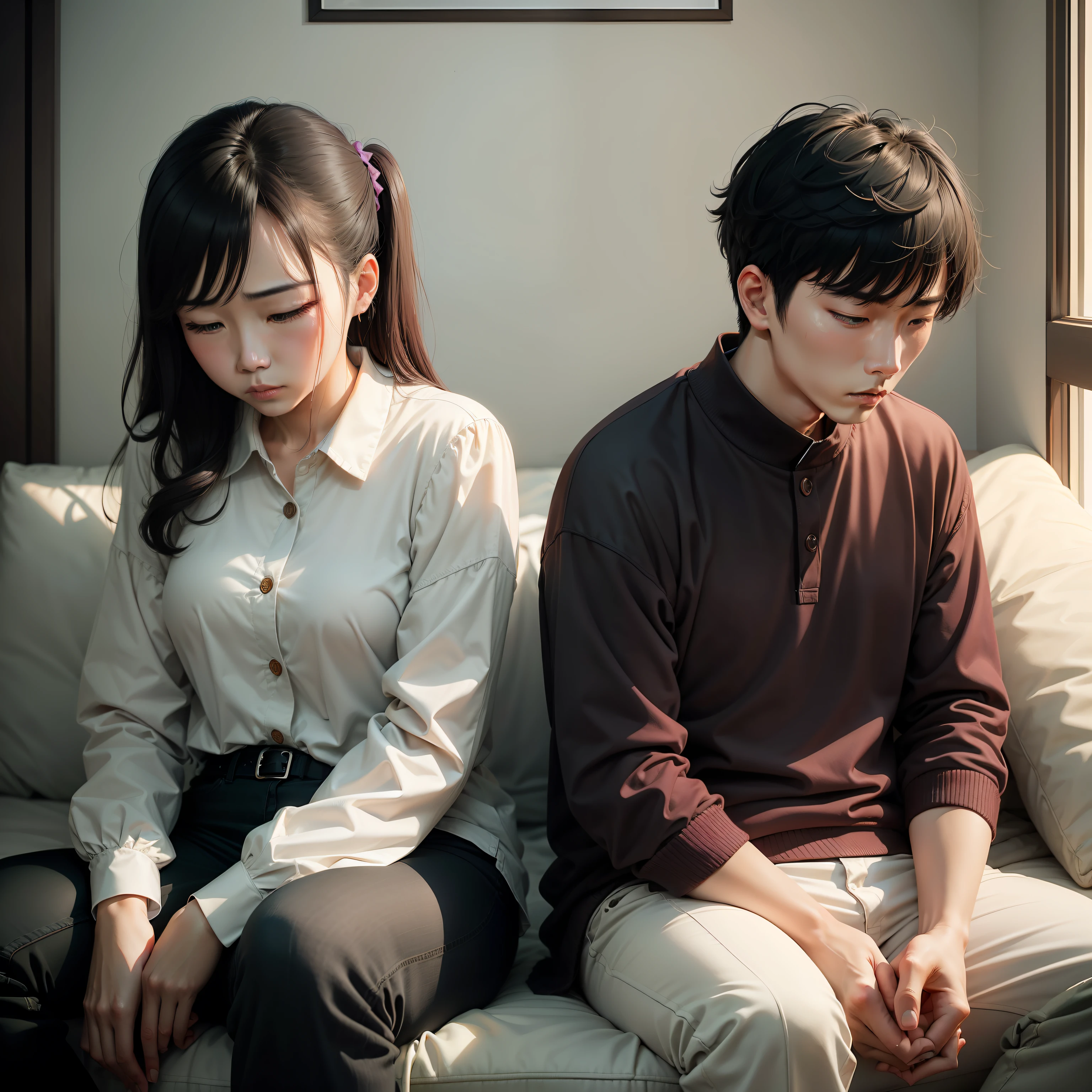 Husband and wife back to back,Inability to communicate,Both husband and wife are depressed。